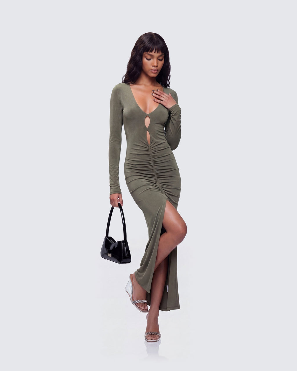 Finesse Isley Green Cut Out Ruched Maxi Dress