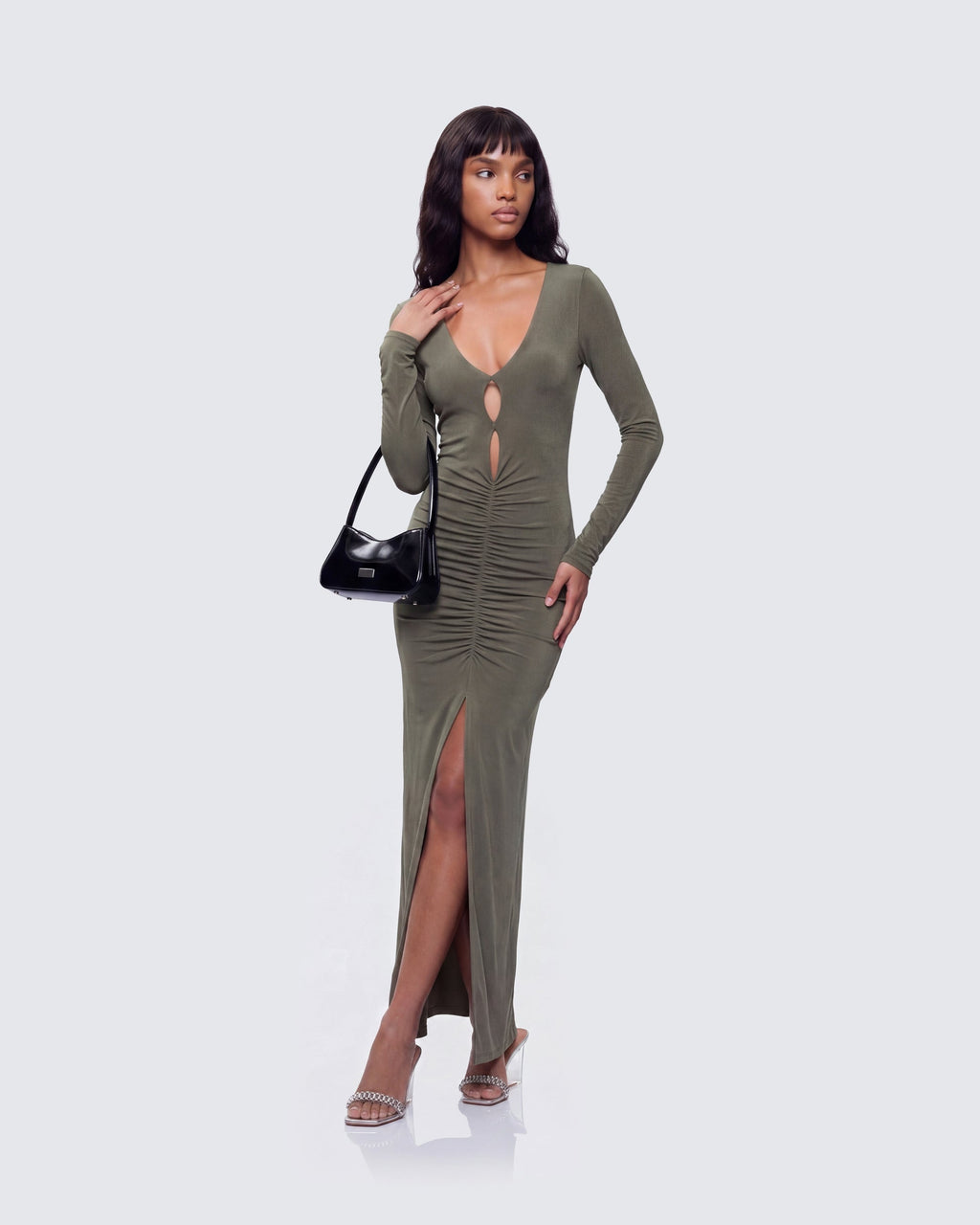 Finesse Isley Green Cut Out Ruched Maxi Dress