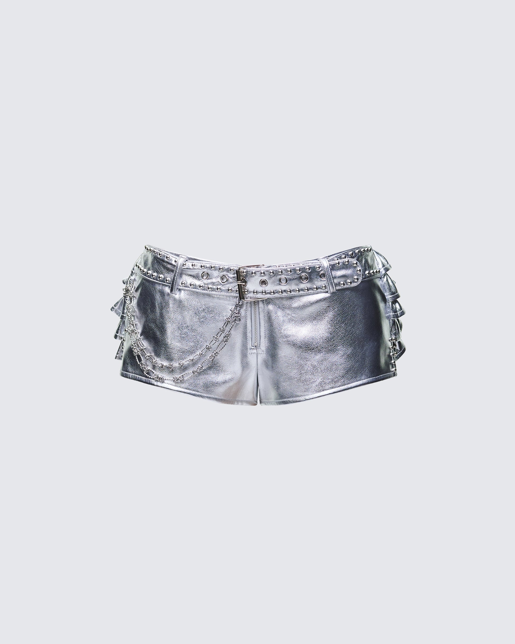 Finesse Jaxina Silver Vegan Leather Chain Belt Shorts