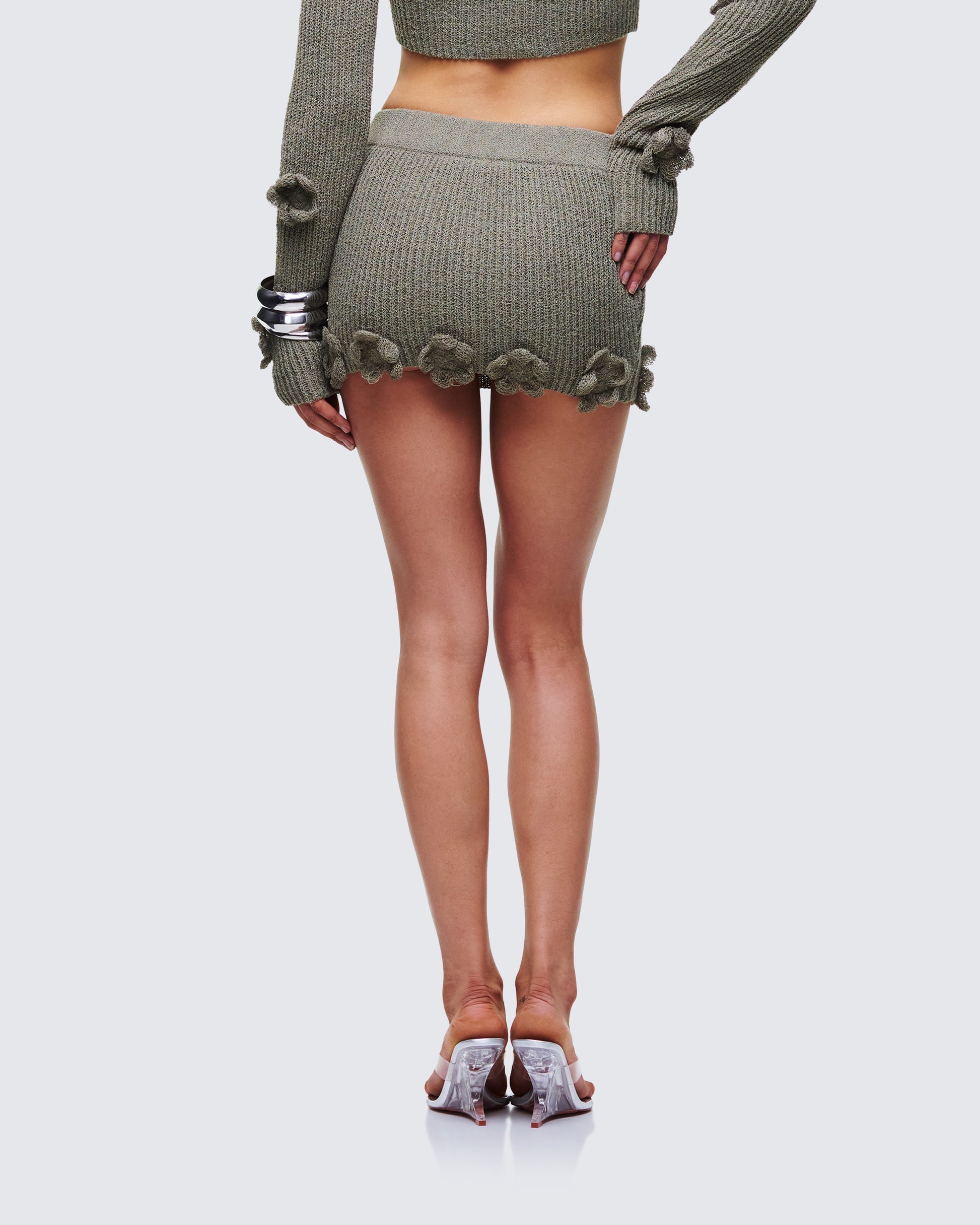 Finesse Jordan Green Knit Flower Hem Mini Skirt