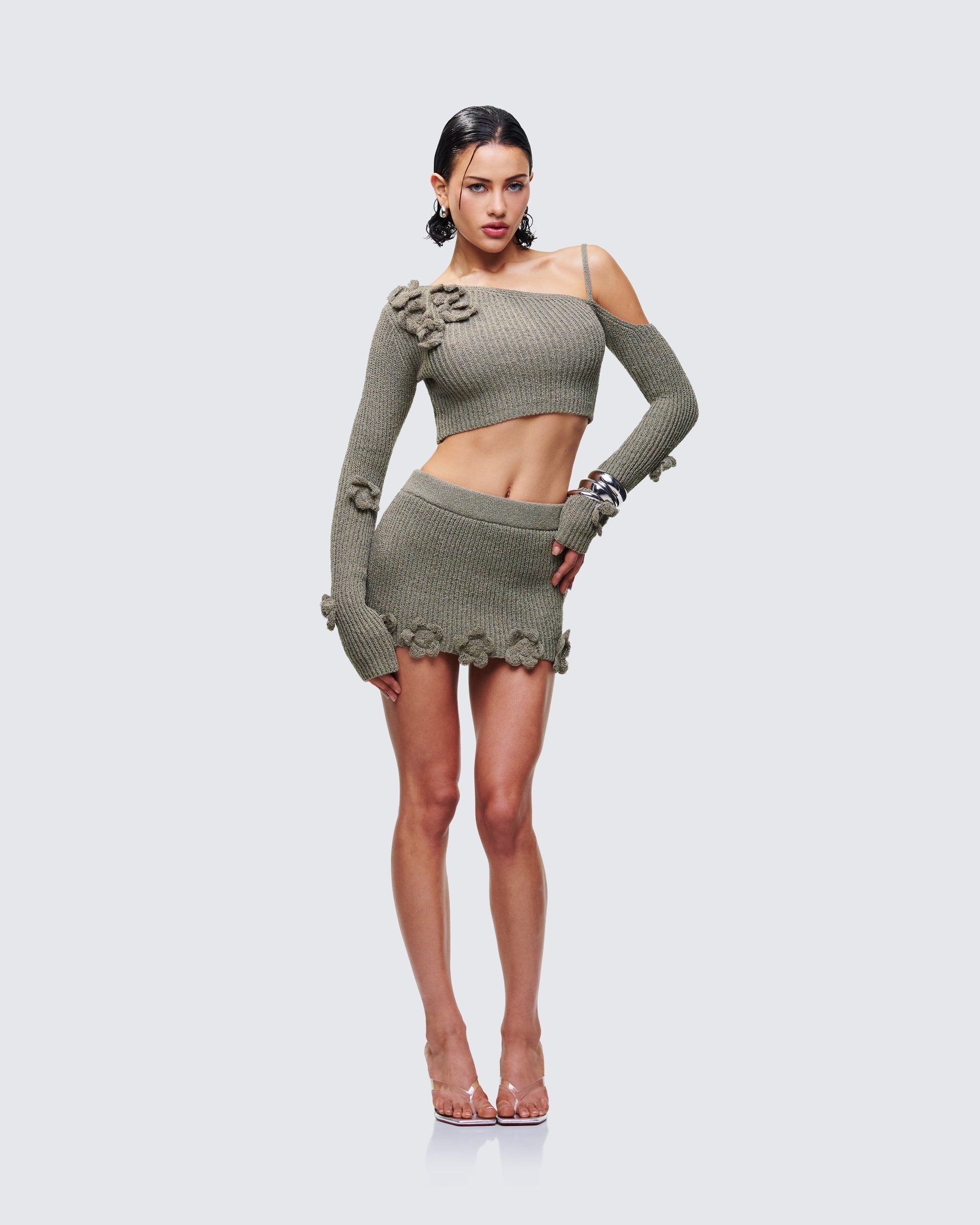 Finesse Jordan Green Knit Flower Hem Mini Skirt
