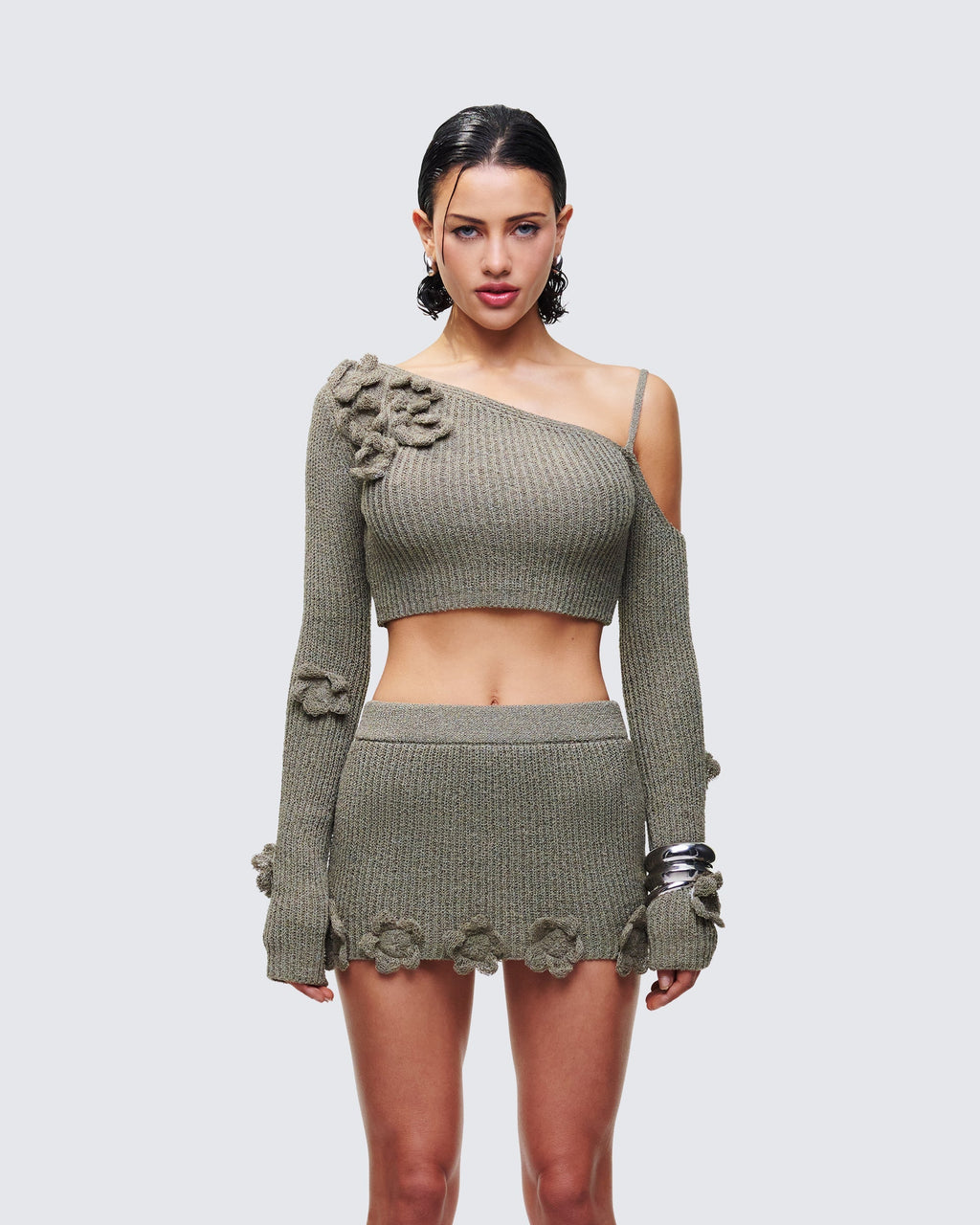 Finesse Jordan Green Knit One Shoulder Top