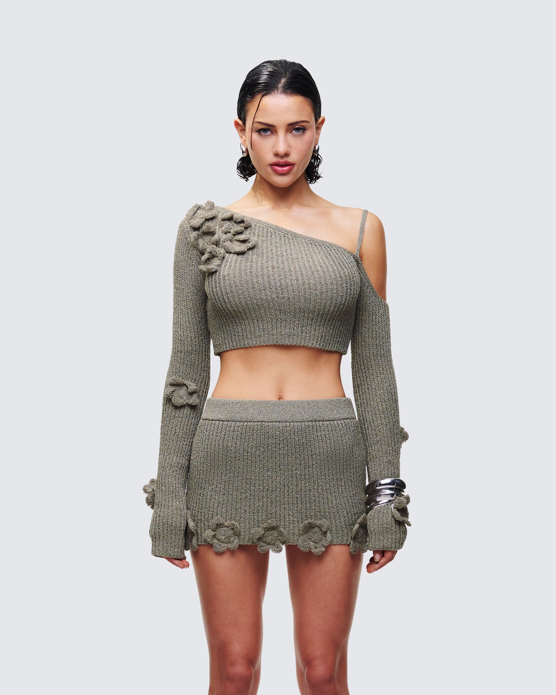 Finesse Jordan Green Knit One Shoulder Top