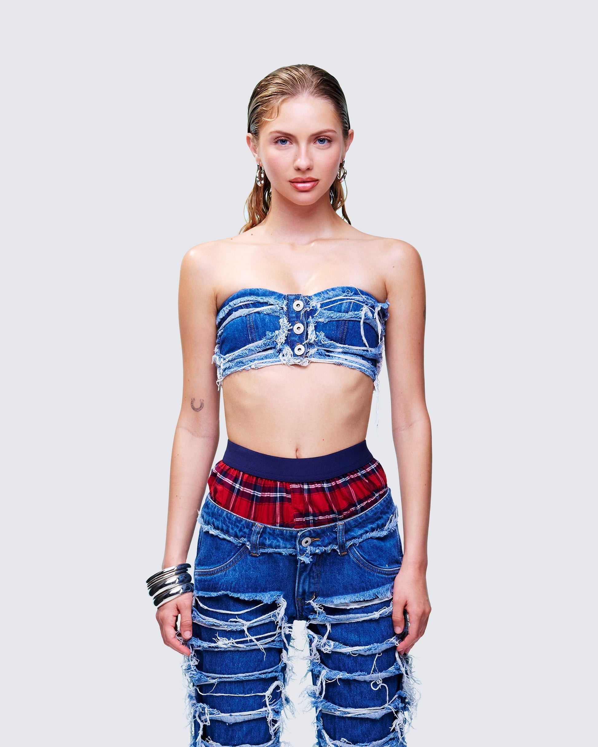 Katria Blue Frayed Denim Bandeau Top