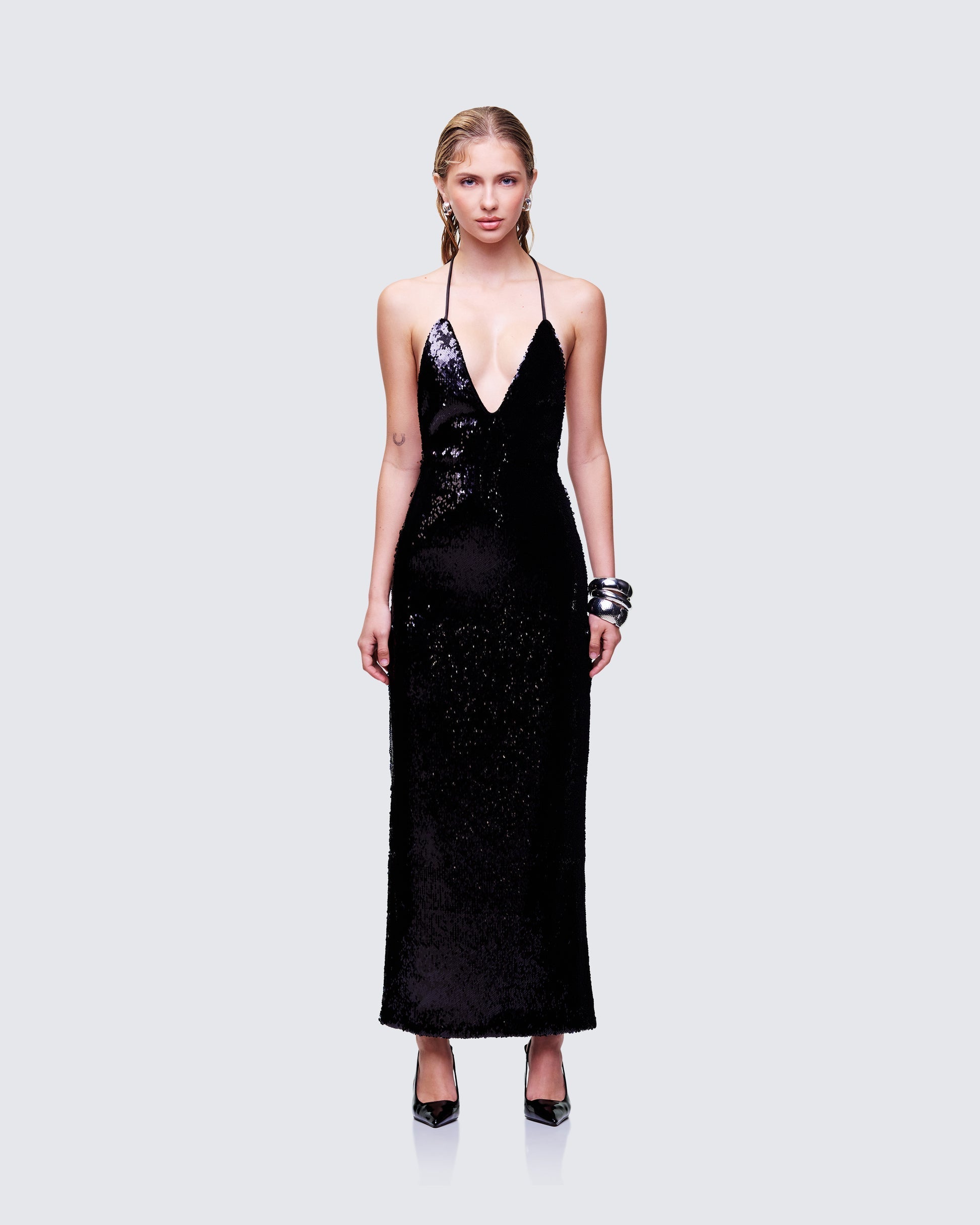 Finesse Khadija Black Sequin Pencil Midi Dress