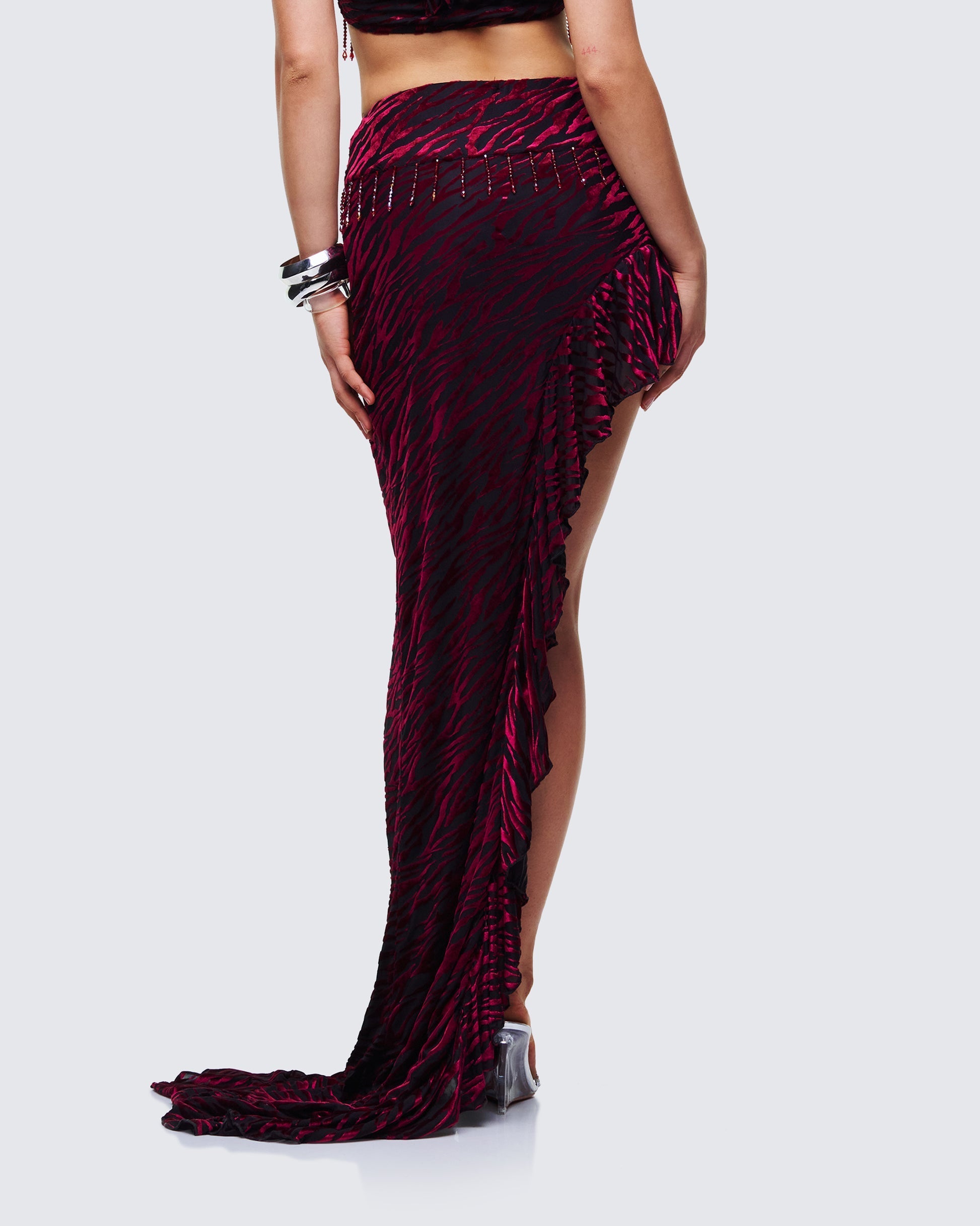 Finesse Kira Red Velvet Burn Out Beaded Maxi Skirt