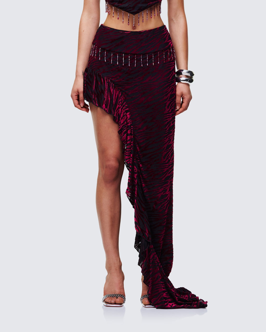 Finesse Kira Red Velvet Burn Out Beaded Maxi Skirt