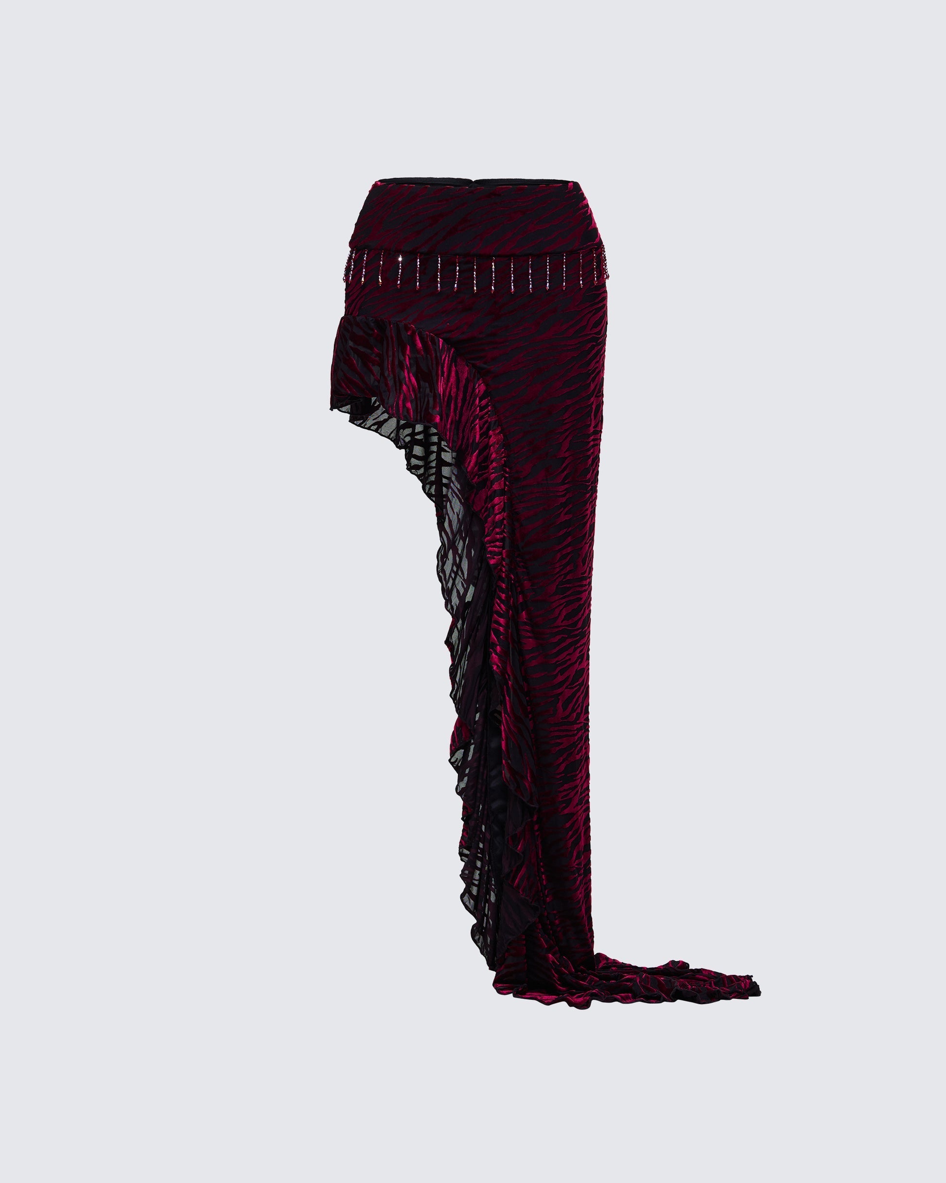 Finesse Kira Red Velvet Burn Out Beaded Maxi Skirt
