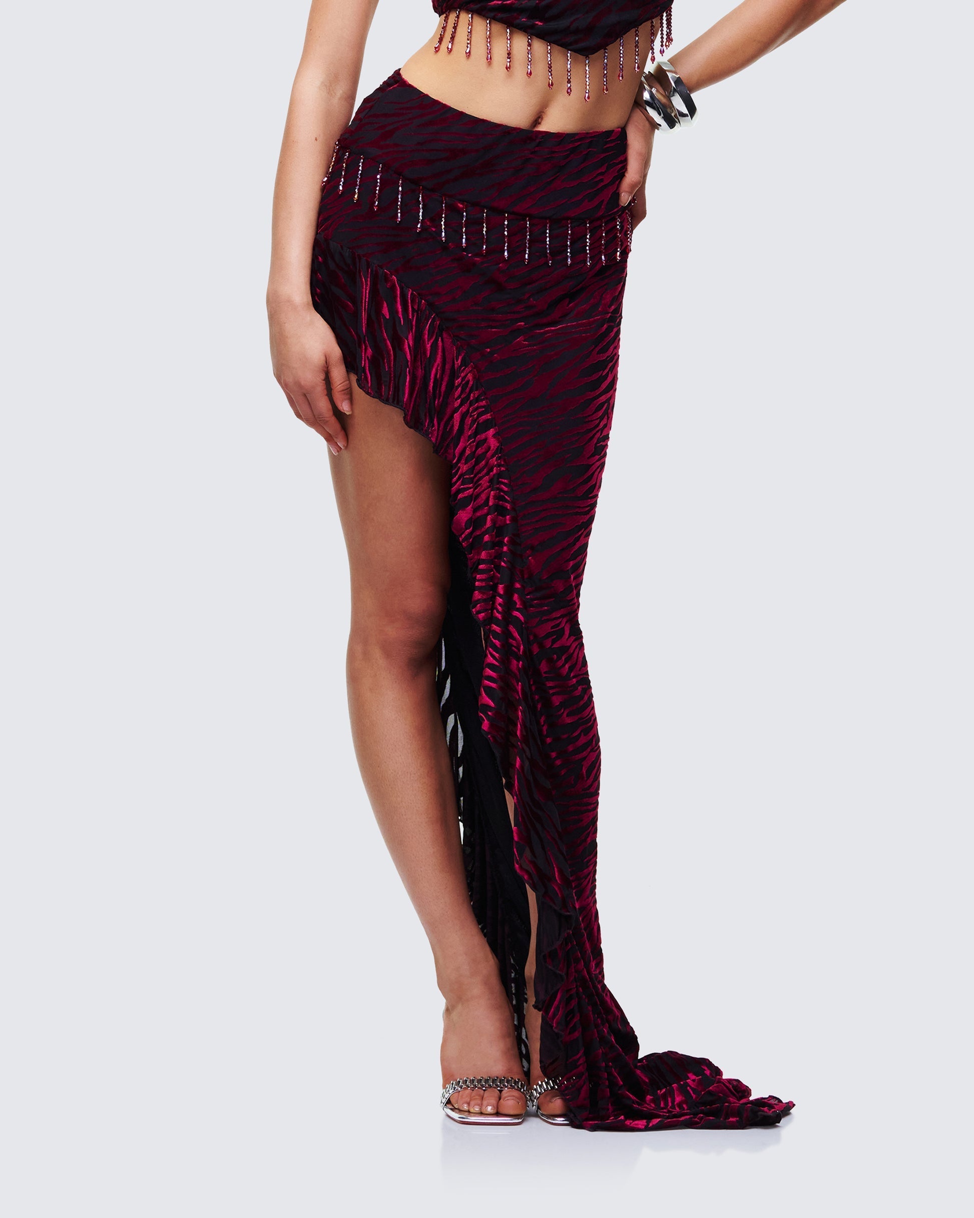 Finesse Kira Red Velvet Burn Out Beaded Maxi Skirt