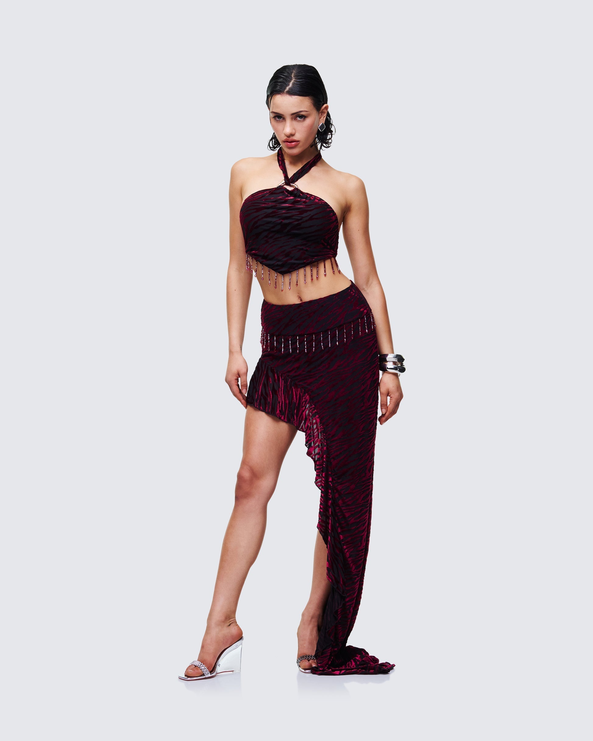 Finesse Kira Red Velvet Burn Out Beaded Maxi Skirt