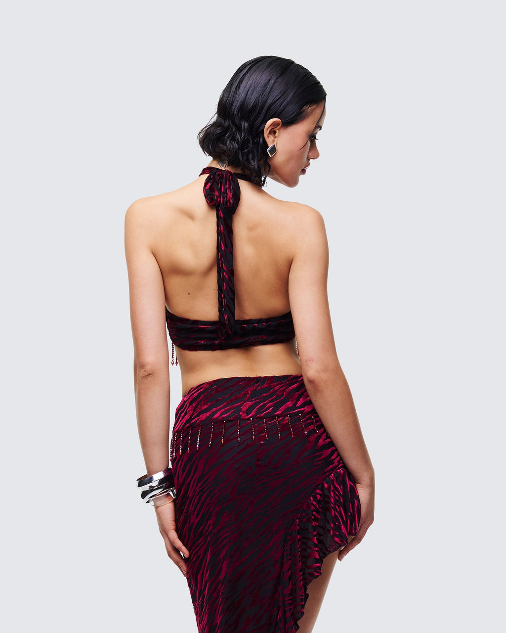 Finesse Kira Red Velvet Burn Out Beaded Top