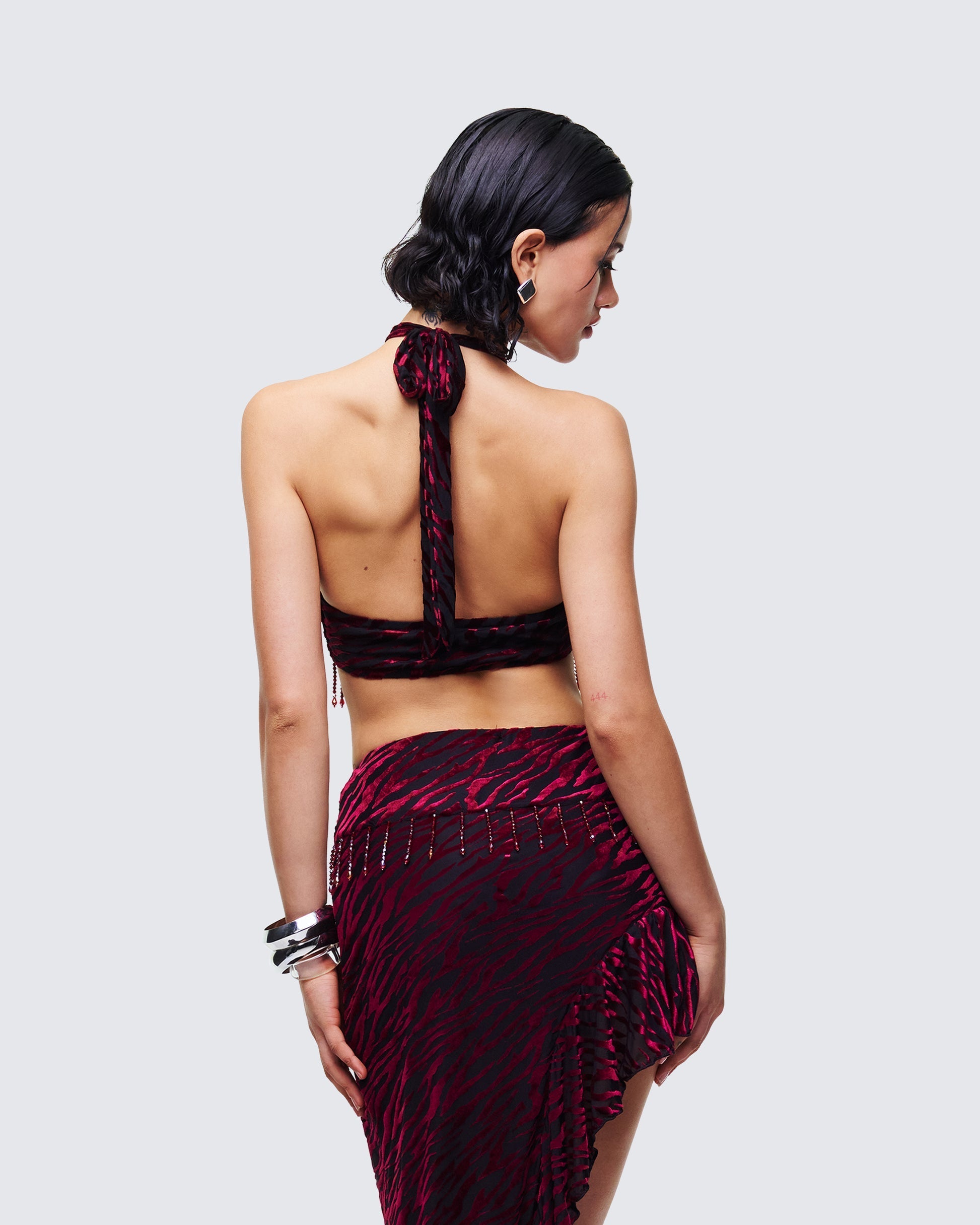 Finesse Kira Red Velvet Burn Out Beaded Top