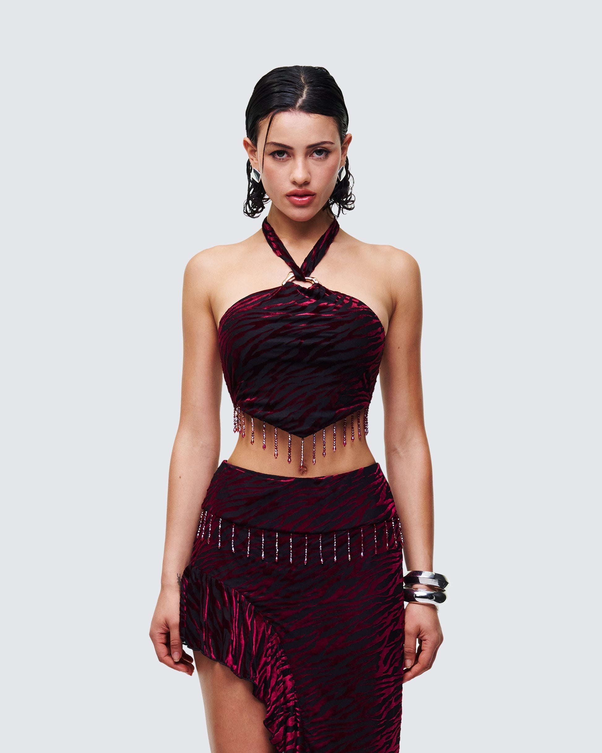 Finesse Kira Red Velvet Burn Out Beaded Top