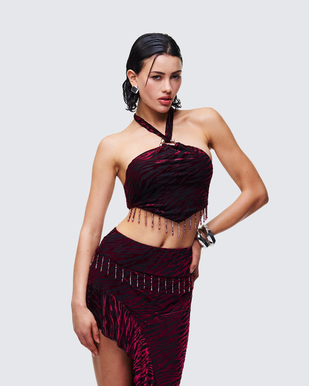 Finesse Kira Red Velvet Burn Out Beaded Top