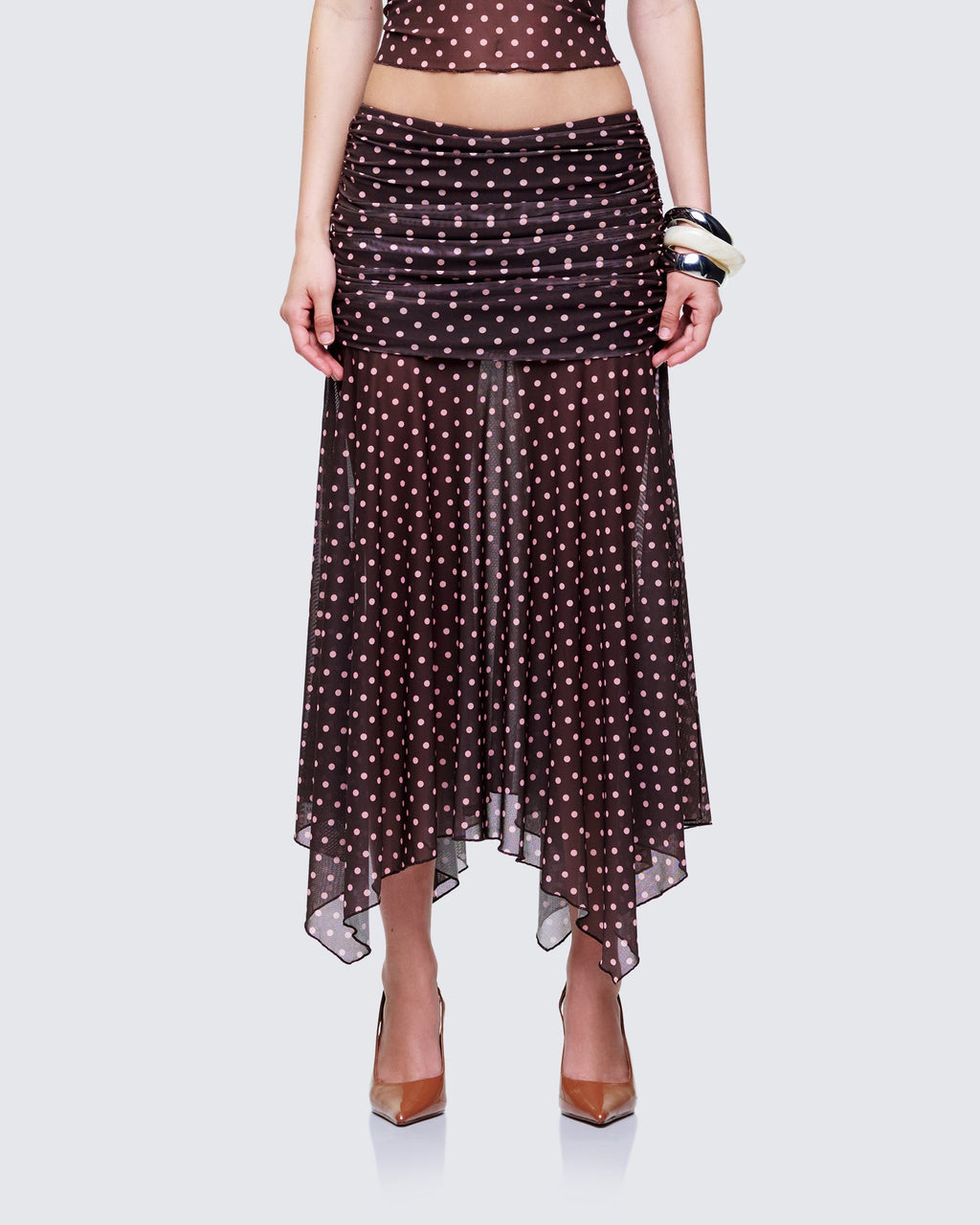 Finesse Lehlani Brown Polka Drop Waist Midaxi Skirt
