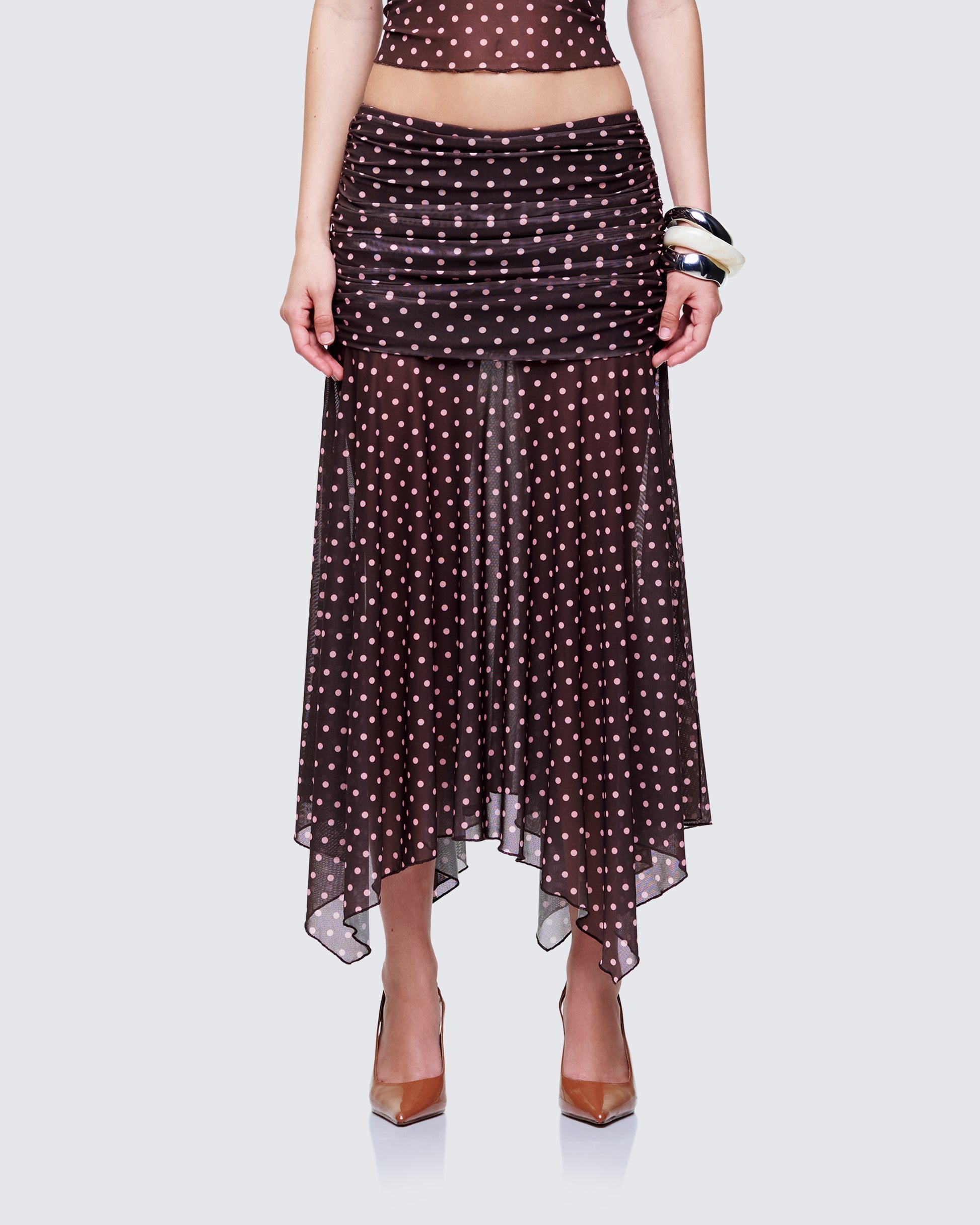 Finesse Lehlani Brown Polka Drop Waist Midaxi Skirt