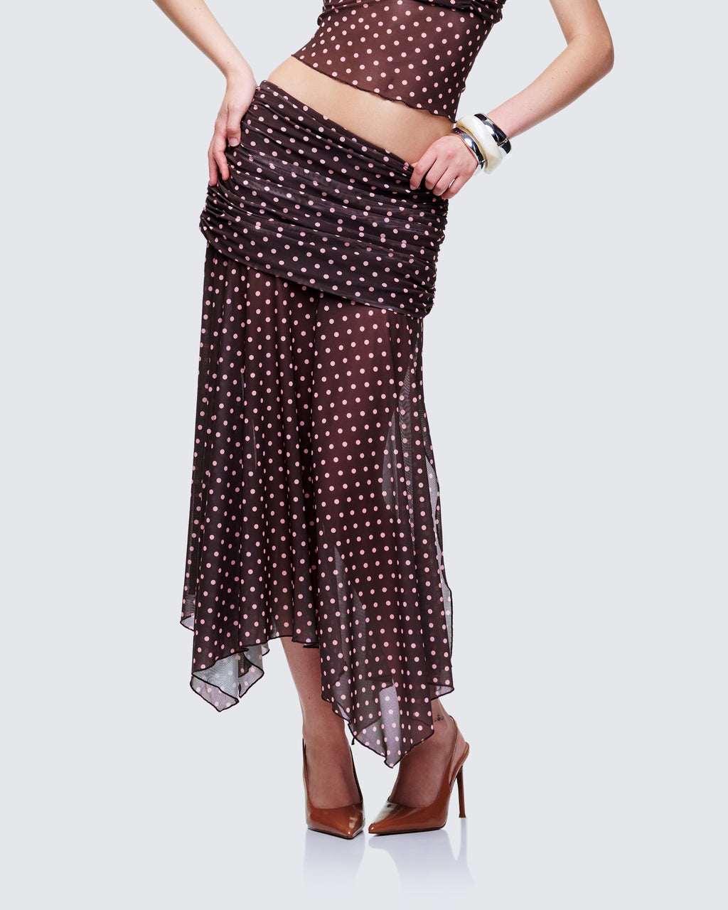 Finesse Lehlani Brown Polka Drop Waist Midaxi Skirt