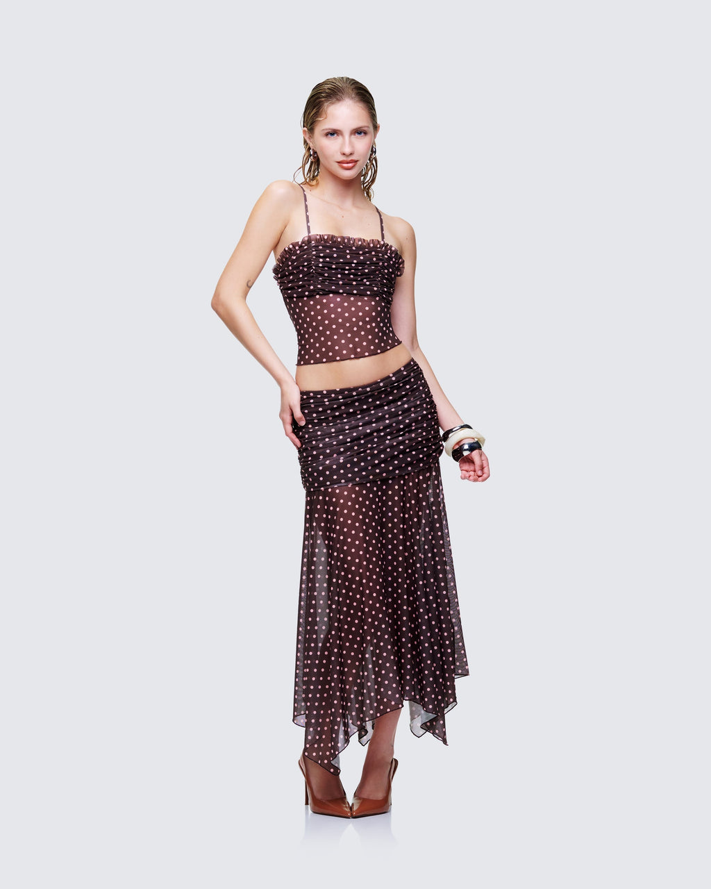 Finesse Lehlani Brown Polka Drop Waist Midaxi Skirt