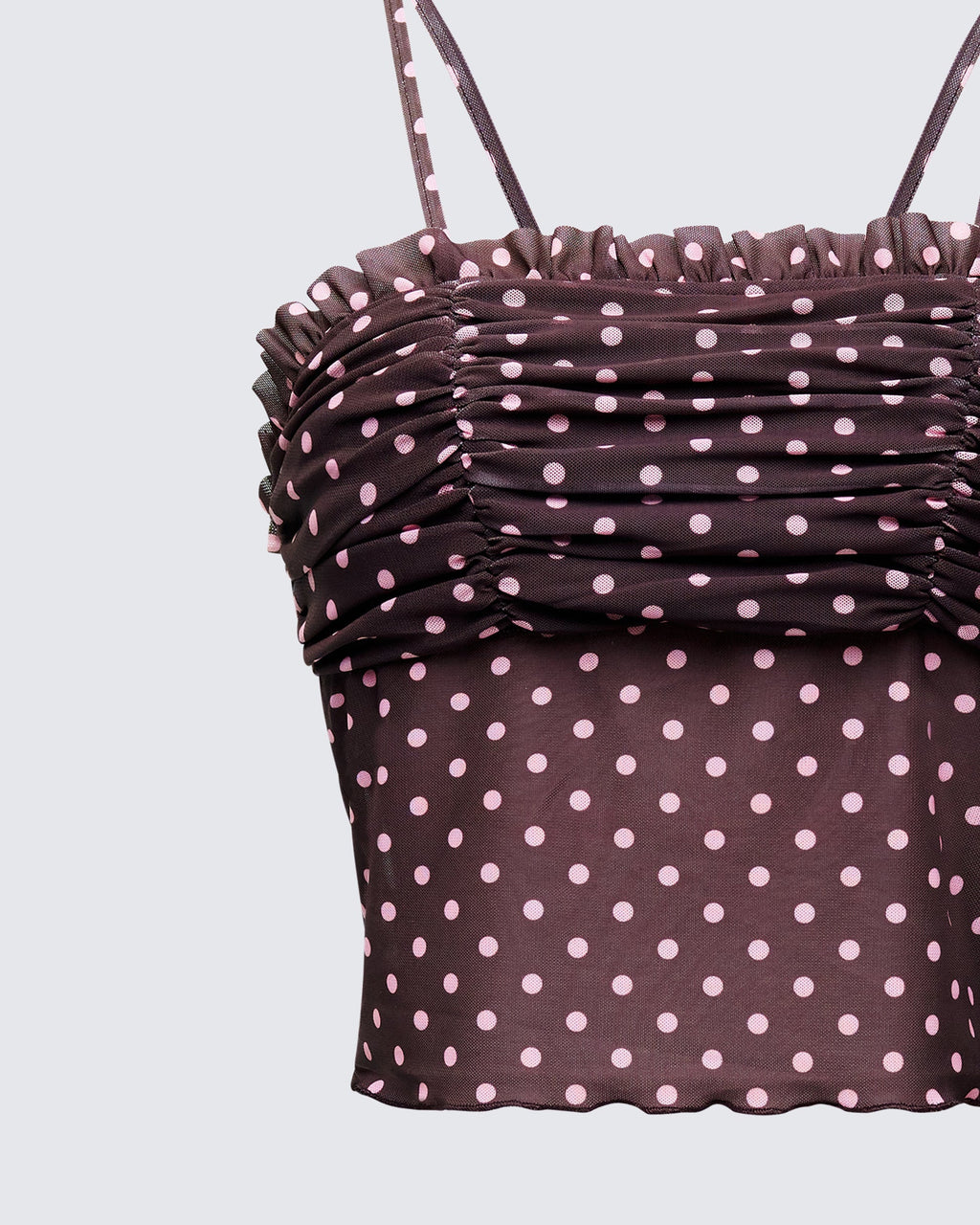 Finesse Lehlani Brown Polka Mesh Ruffle Edge Cami Top