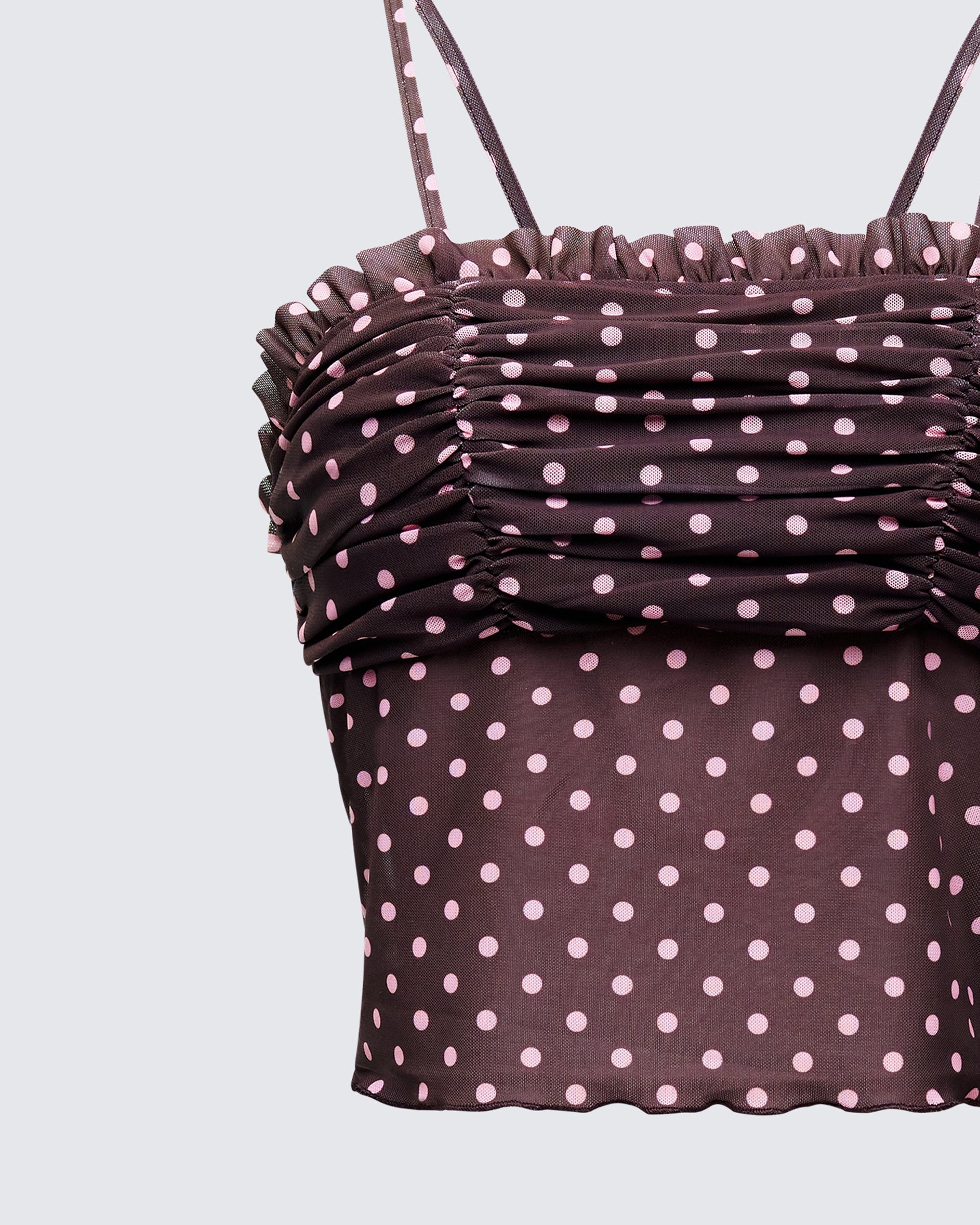 Finesse Lehlani Brown Polka Mesh Ruffle Edge Cami Top
