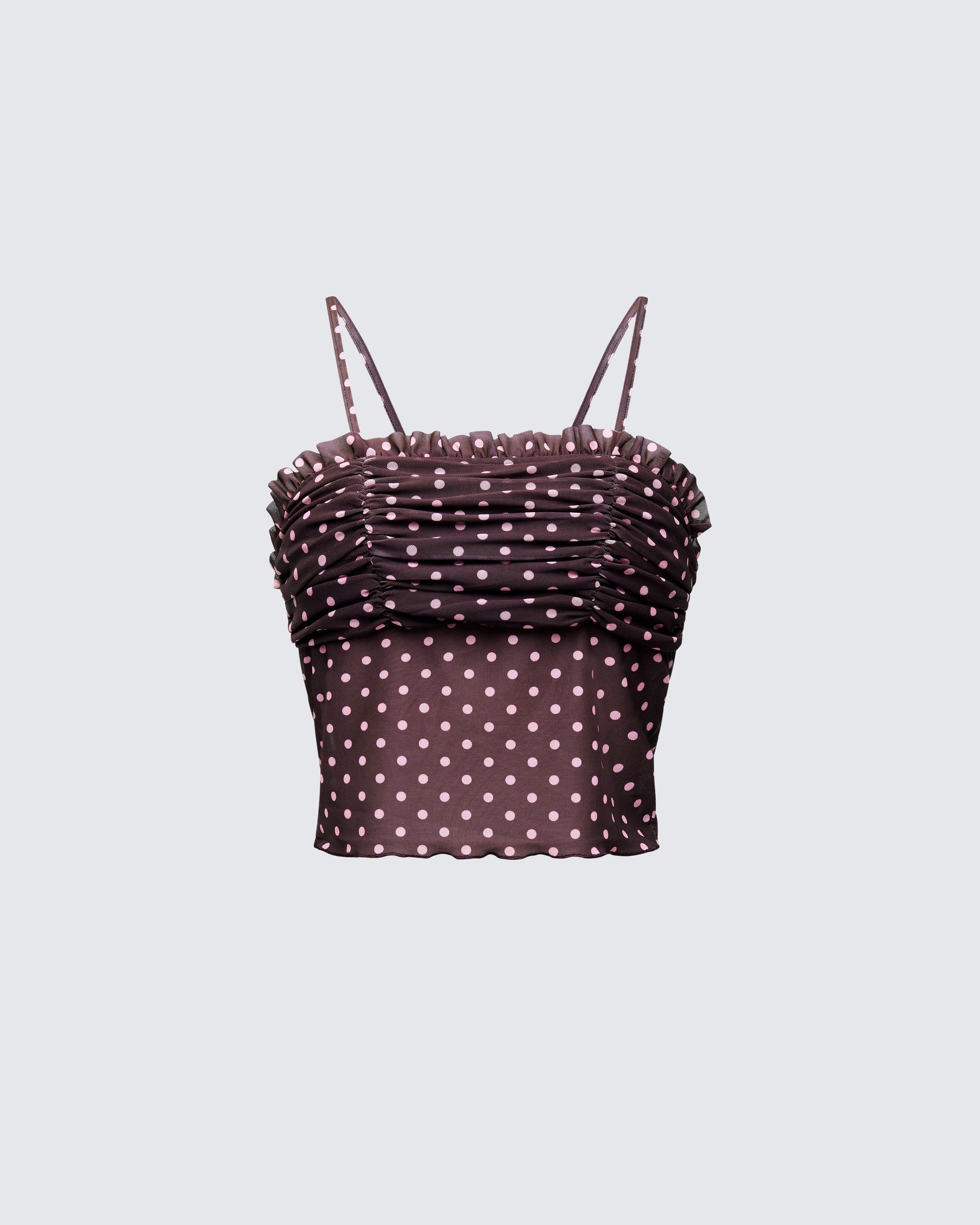 Finesse Lehlani Brown Polka Mesh Ruffle Edge Cami Top
