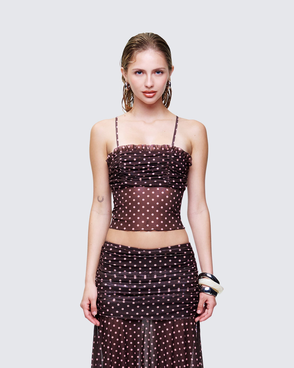 Finesse Lehlani Brown Polka Mesh Ruffle Edge Cami Top
