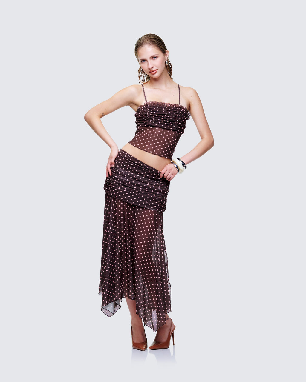 Finesse Lehlani Brown Polka Mesh Ruffle Edge Cami Top