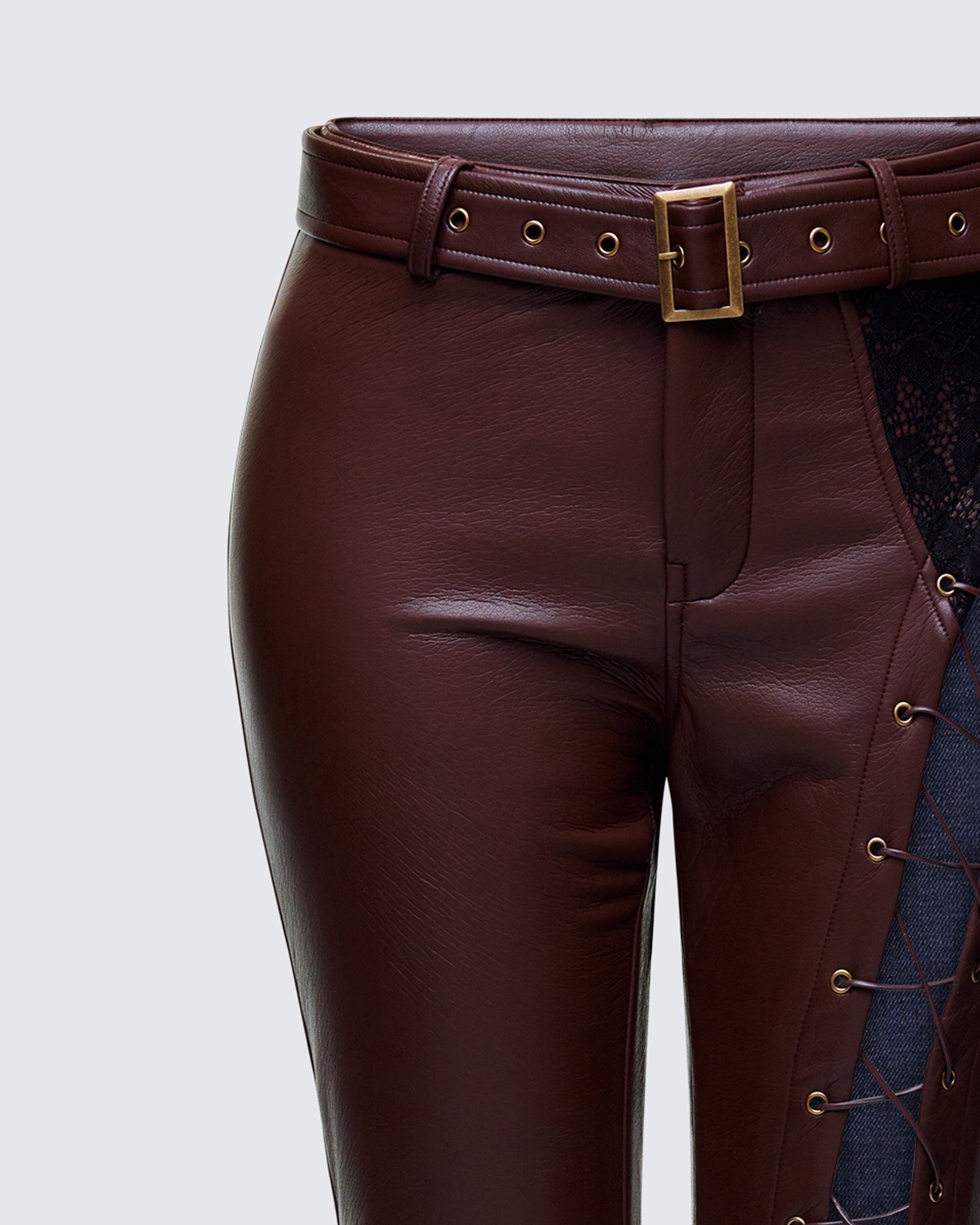 Finesse Liora Brown Vegan Leather Laced Pants