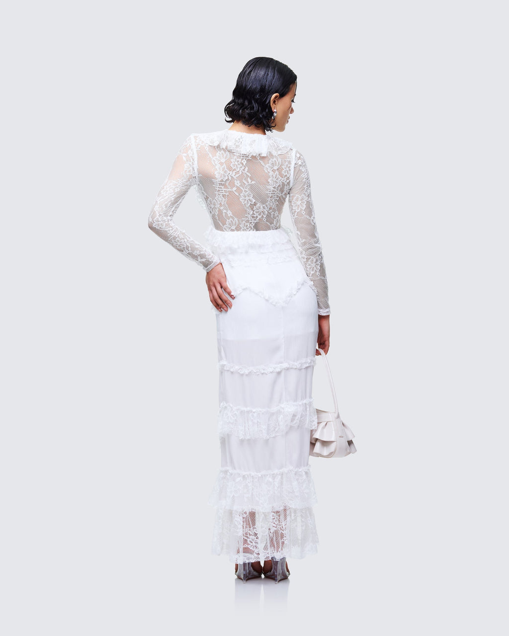 Finesse Lulea White Lace Ruffle Trim Mini Dress