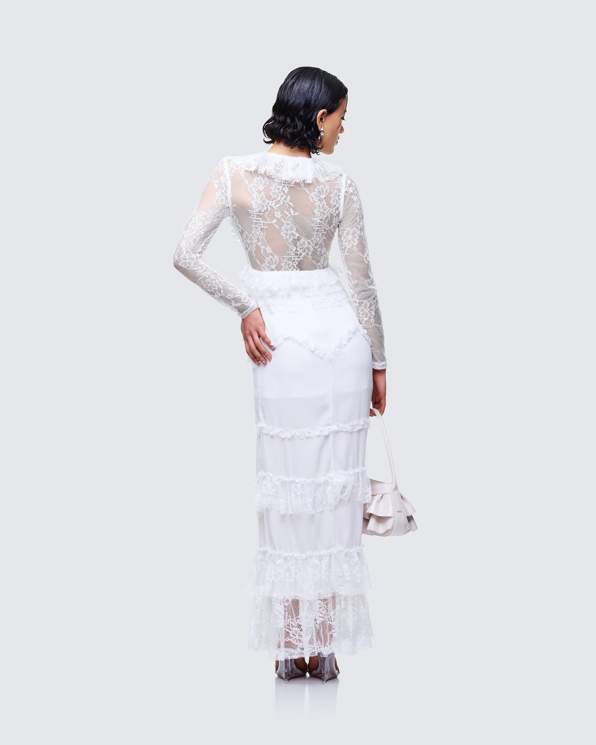 Finesse Lulea White Lace Ruffle Trim Mini Dress