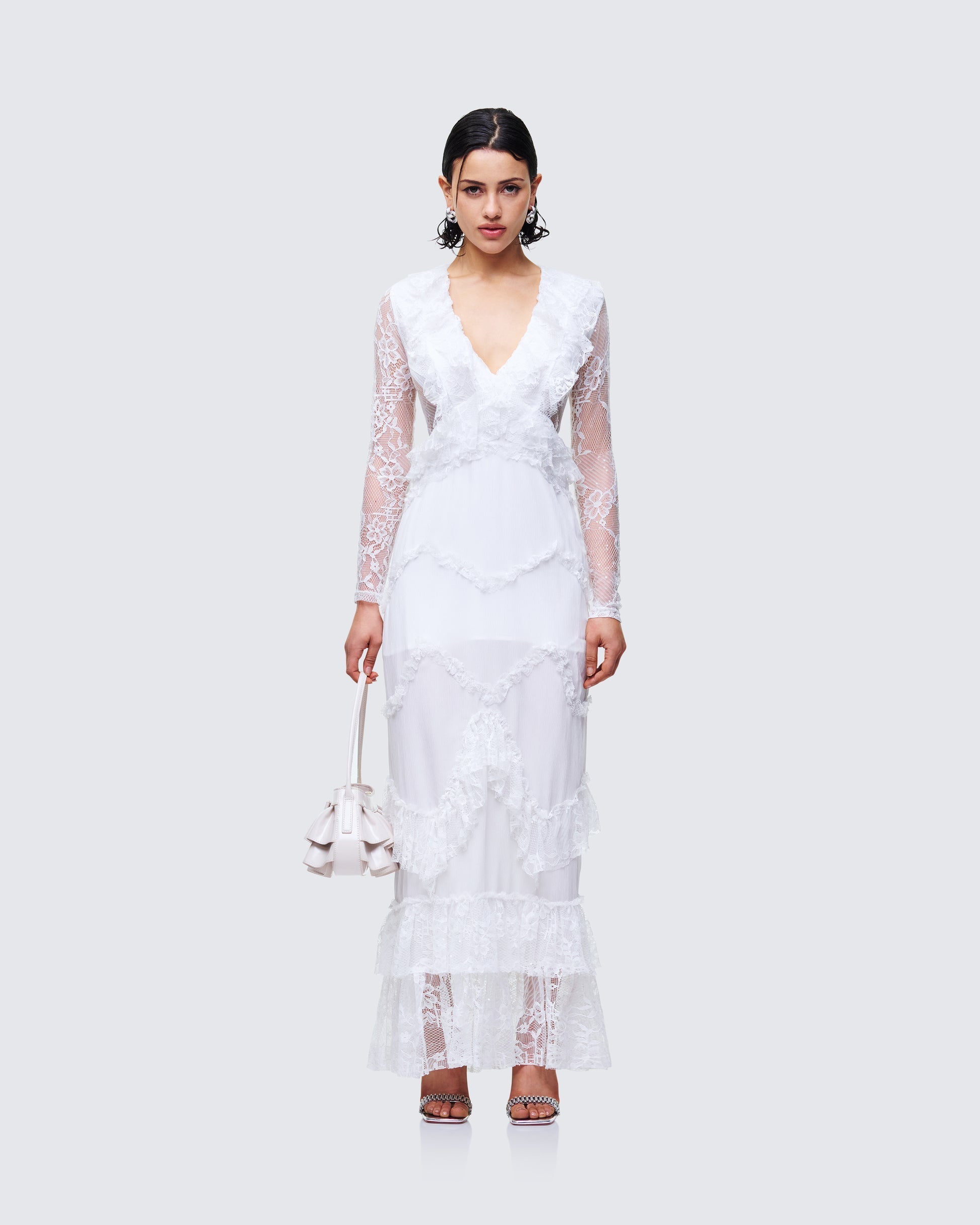 Finesse Lulea White Lace Ruffle Trim Mini Dress