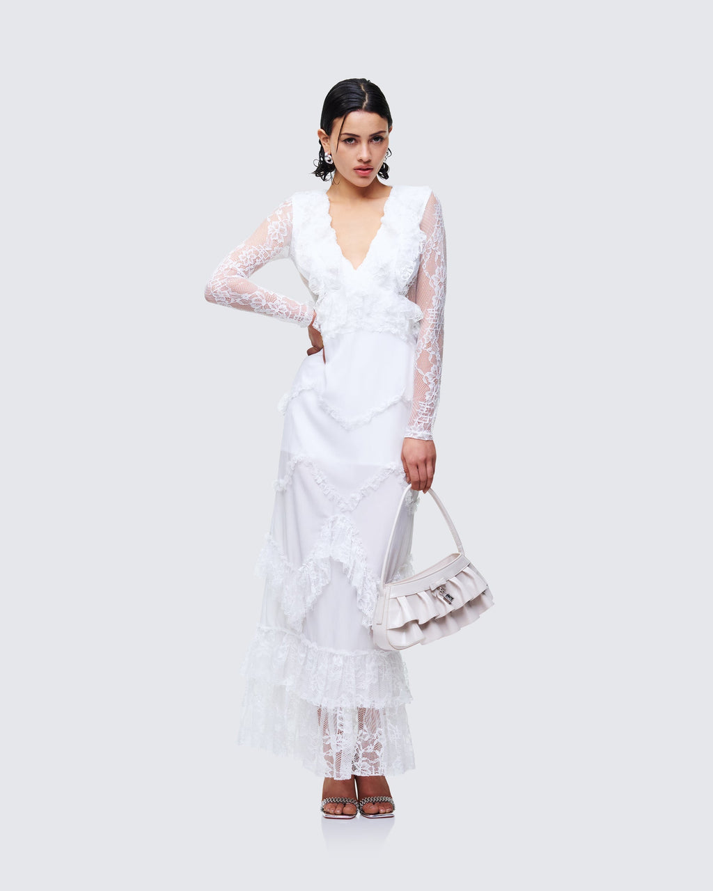 Finesse Lulea White Lace Ruffle Trim Mini Dress
