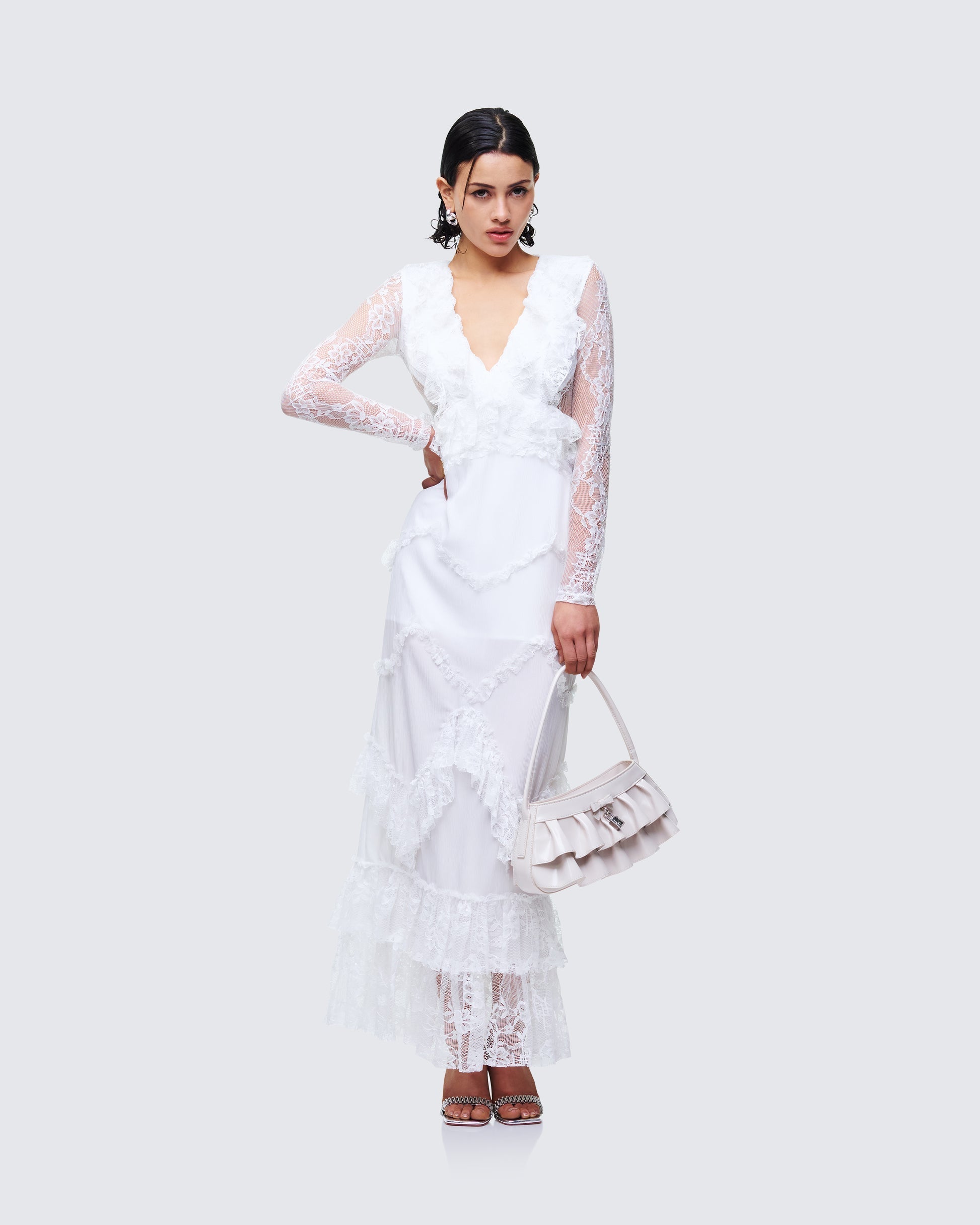 Finesse Lulea White Lace Ruffle Trim Mini Dress