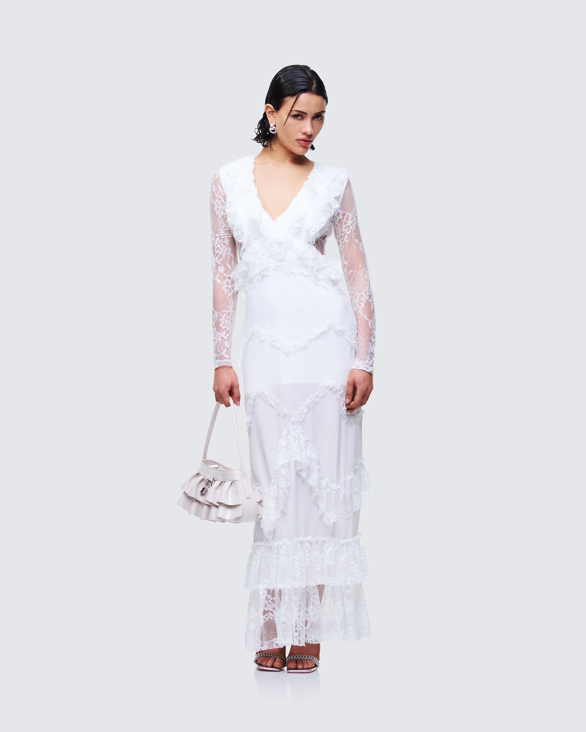 Finesse Lulea White Lace Ruffle Trim Mini Dress