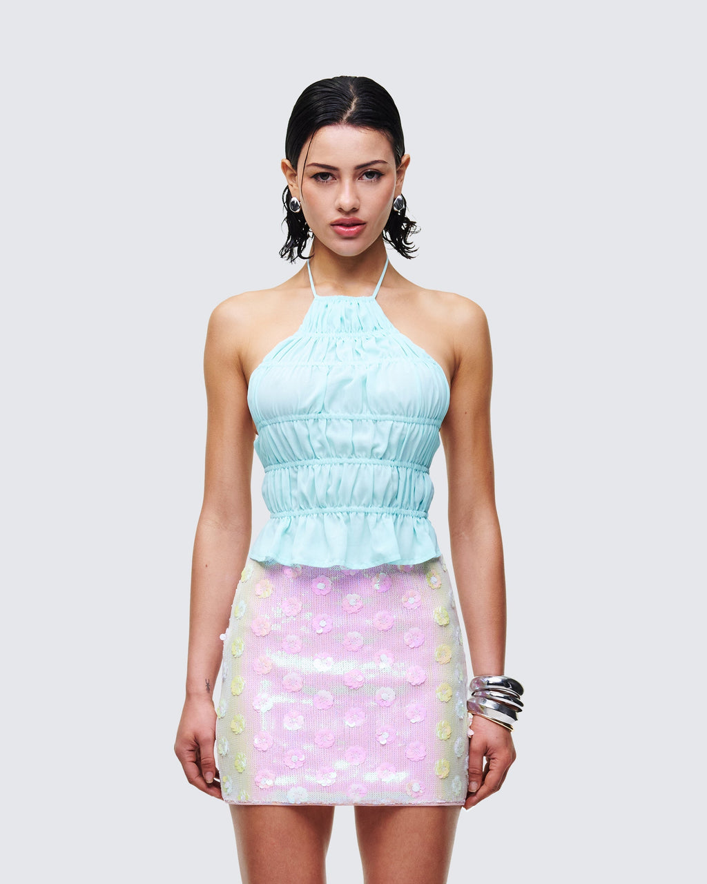 Finesse Luneth Blue Backless Halter Neck Top