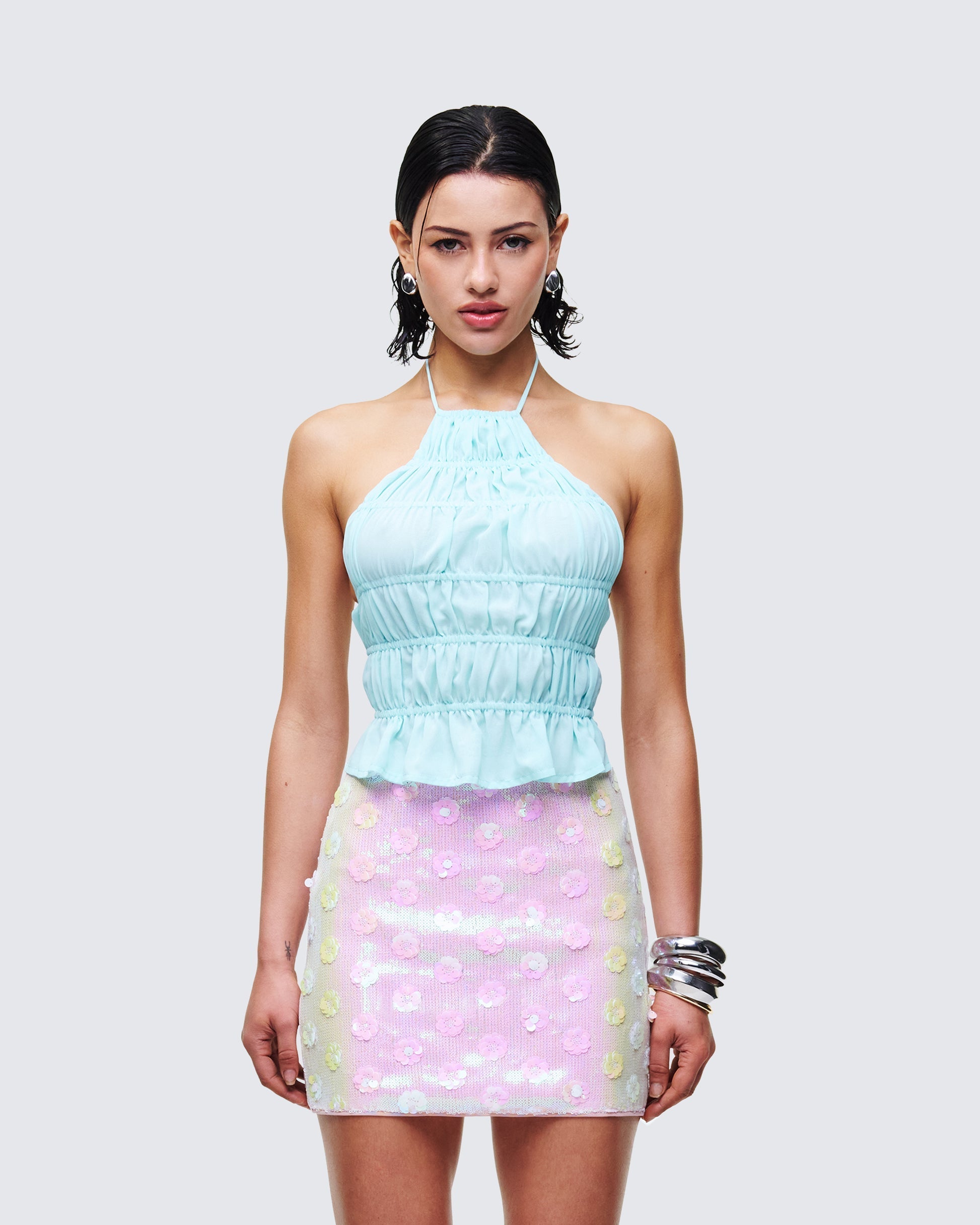 Finesse Luneth Blue Backless Halter Neck Top