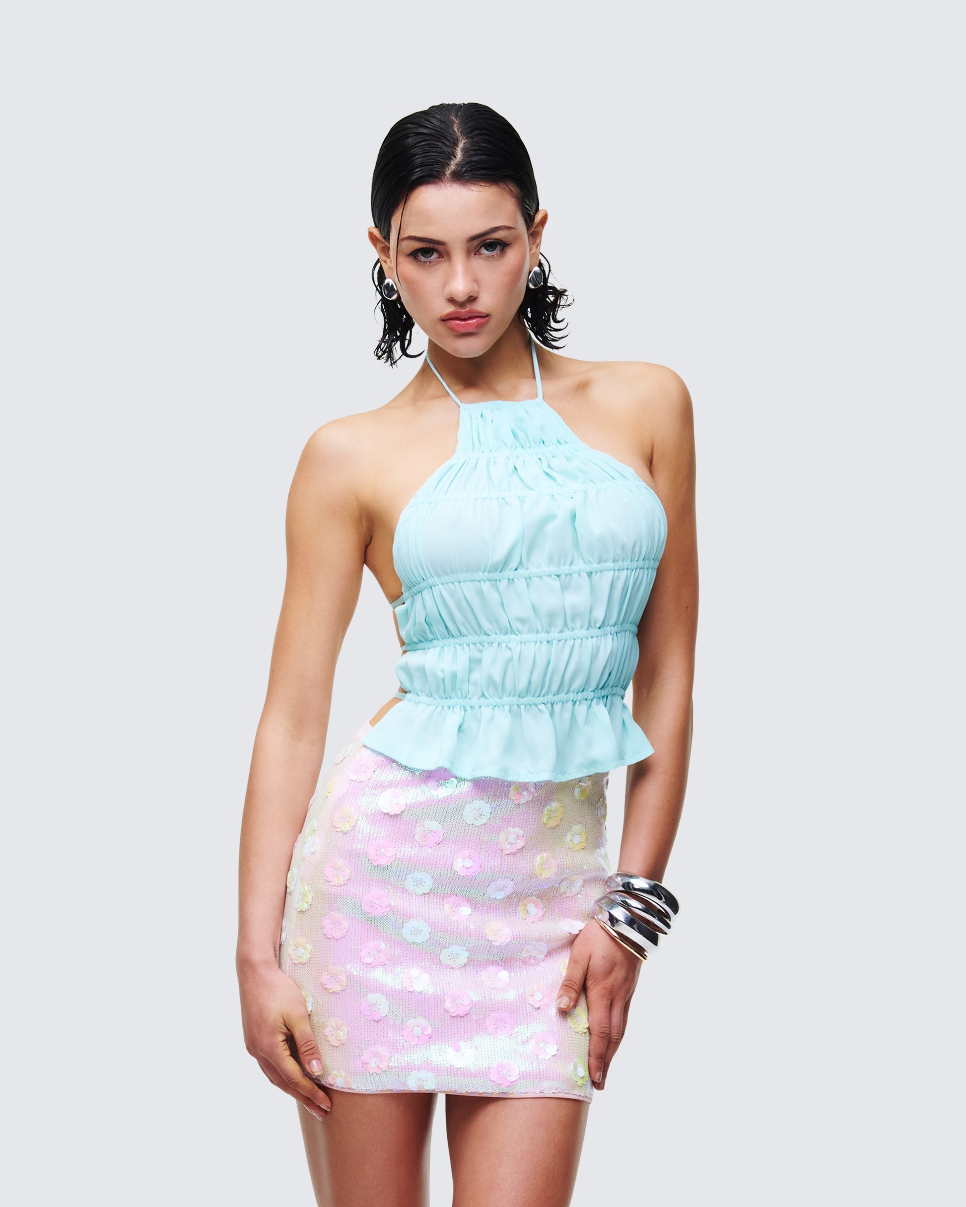 Finesse Luneth Blue Backless Halter Neck Top