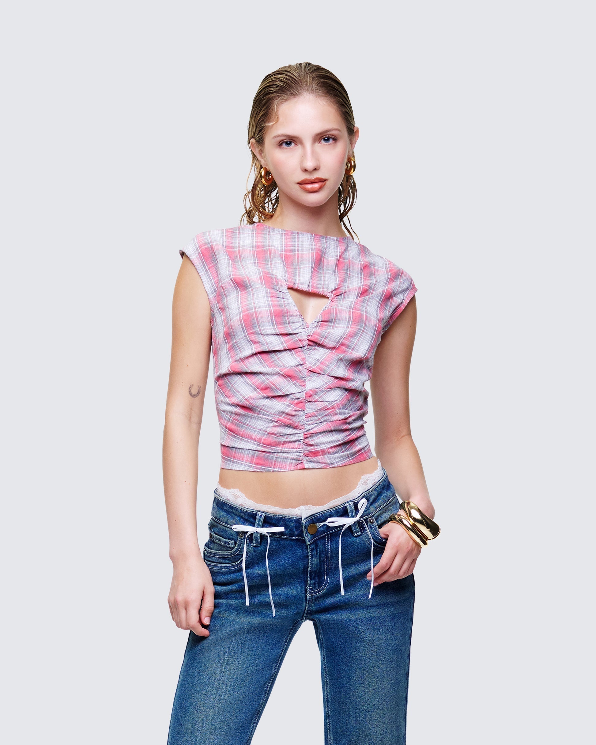 Finesse Malak Multi Check Cutout Shirt