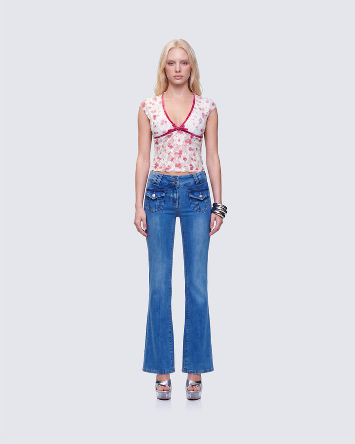 Finesse Mel Multi Printed Velvet Trim Stretch Lace Top