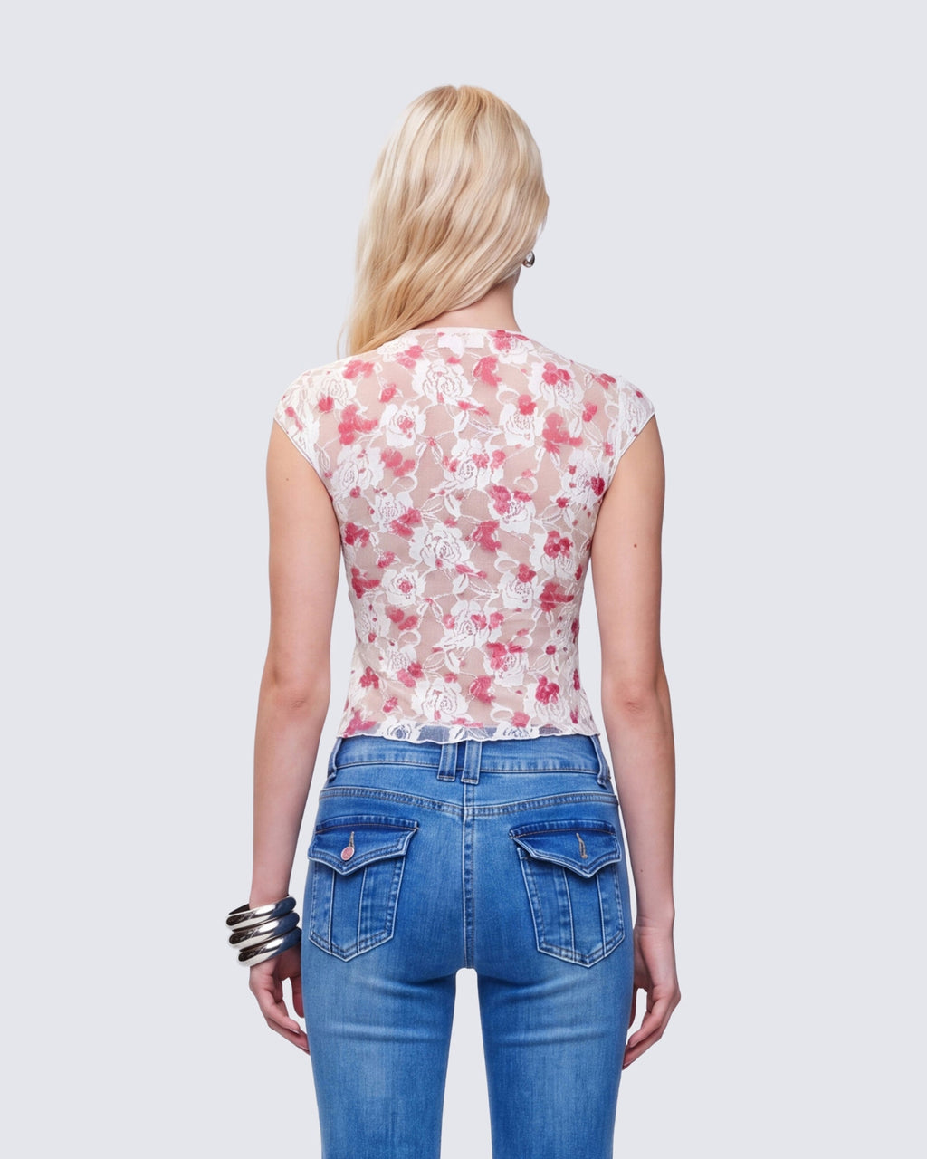 Finesse Mel Multi Printed Velvet Trim Stretch Lace Top