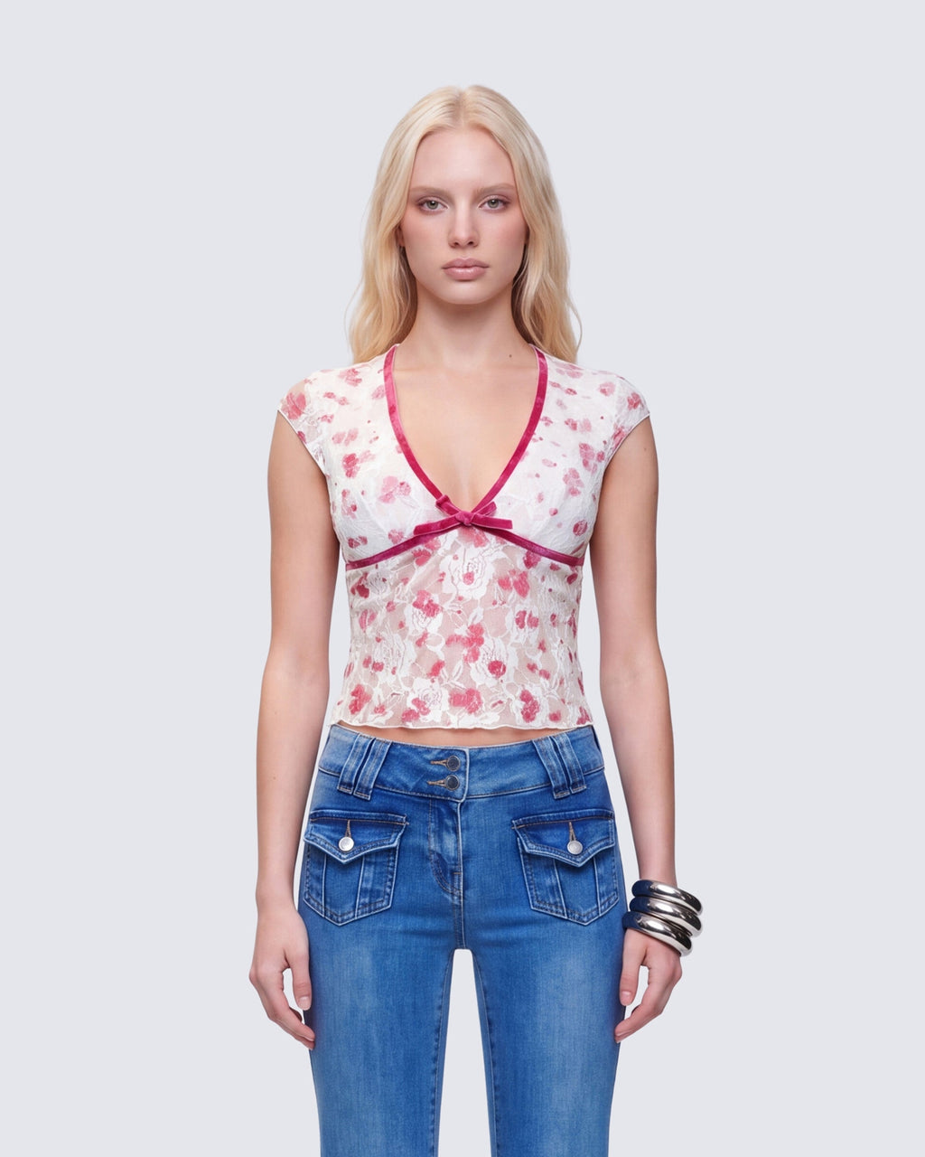 Finesse Mel Multi Printed Velvet Trim Stretch Lace Top