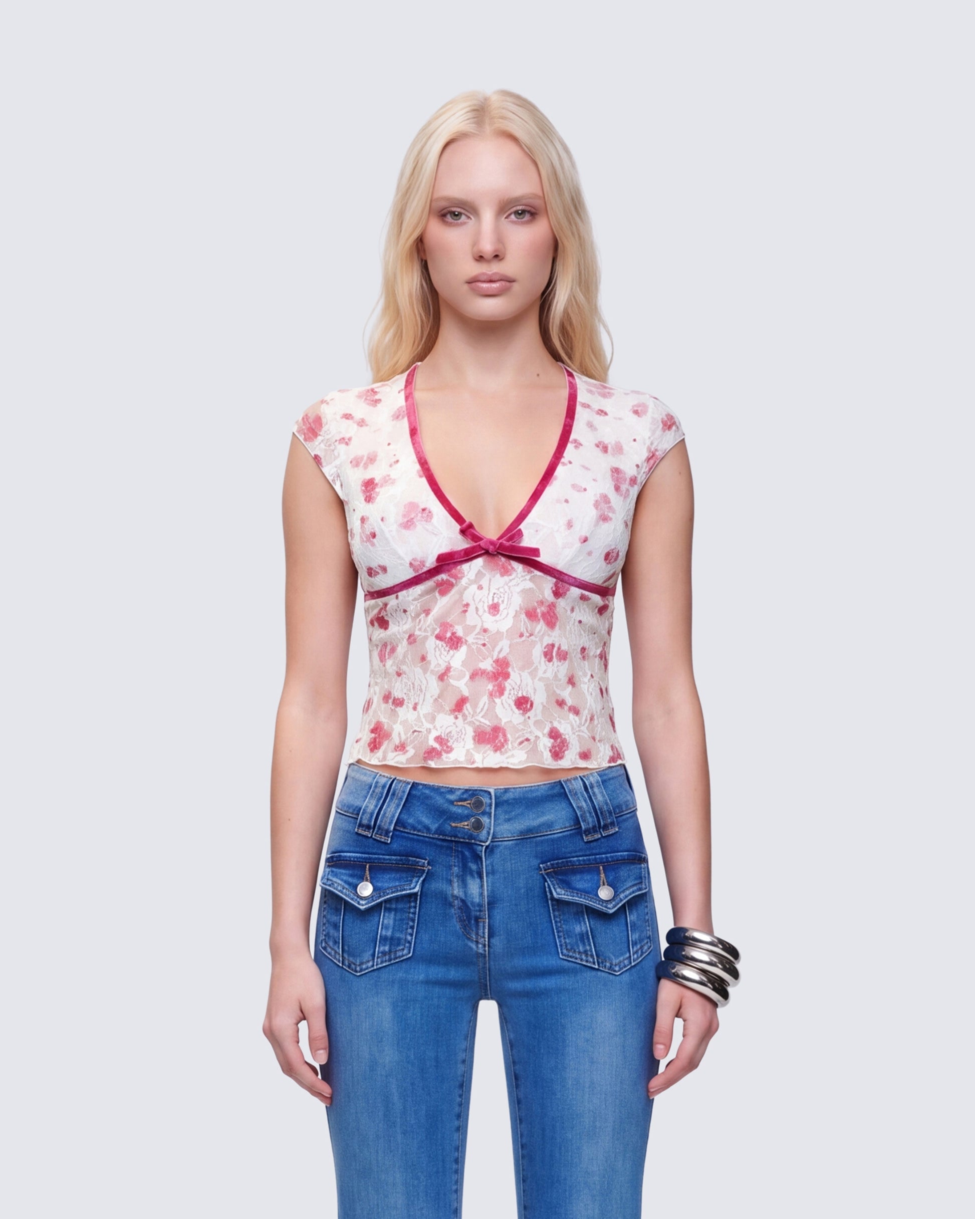 Finesse Mel Multi Printed Velvet Trim Stretch Lace Top