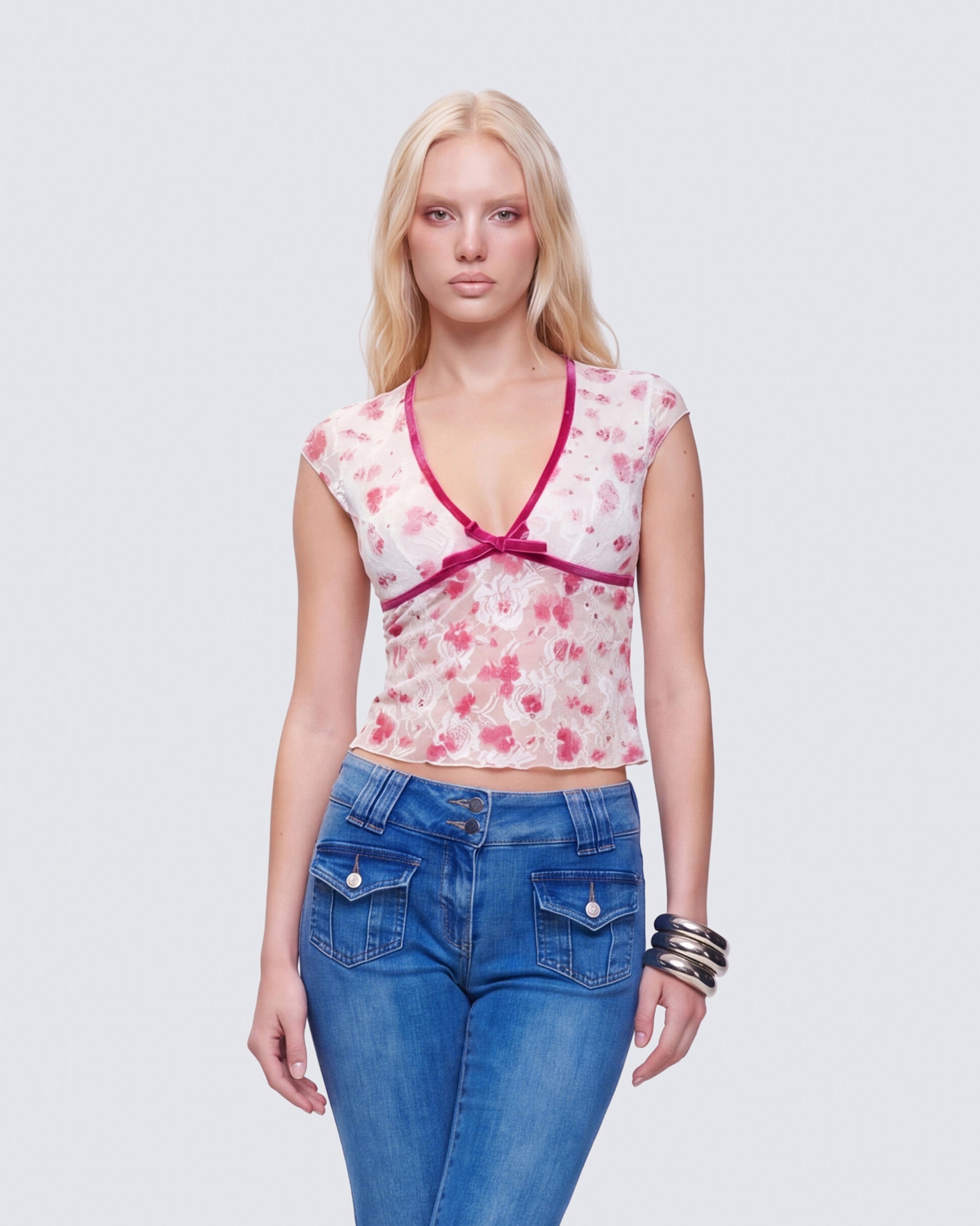 Finesse Mel Multi Printed Velvet Trim Stretch Lace Top