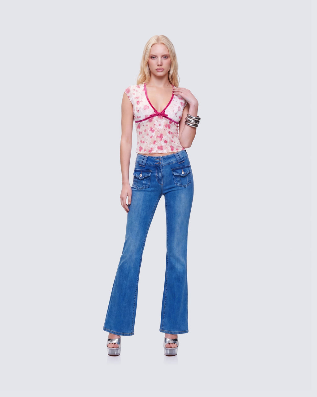 Finesse Mel Multi Printed Velvet Trim Stretch Lace Top