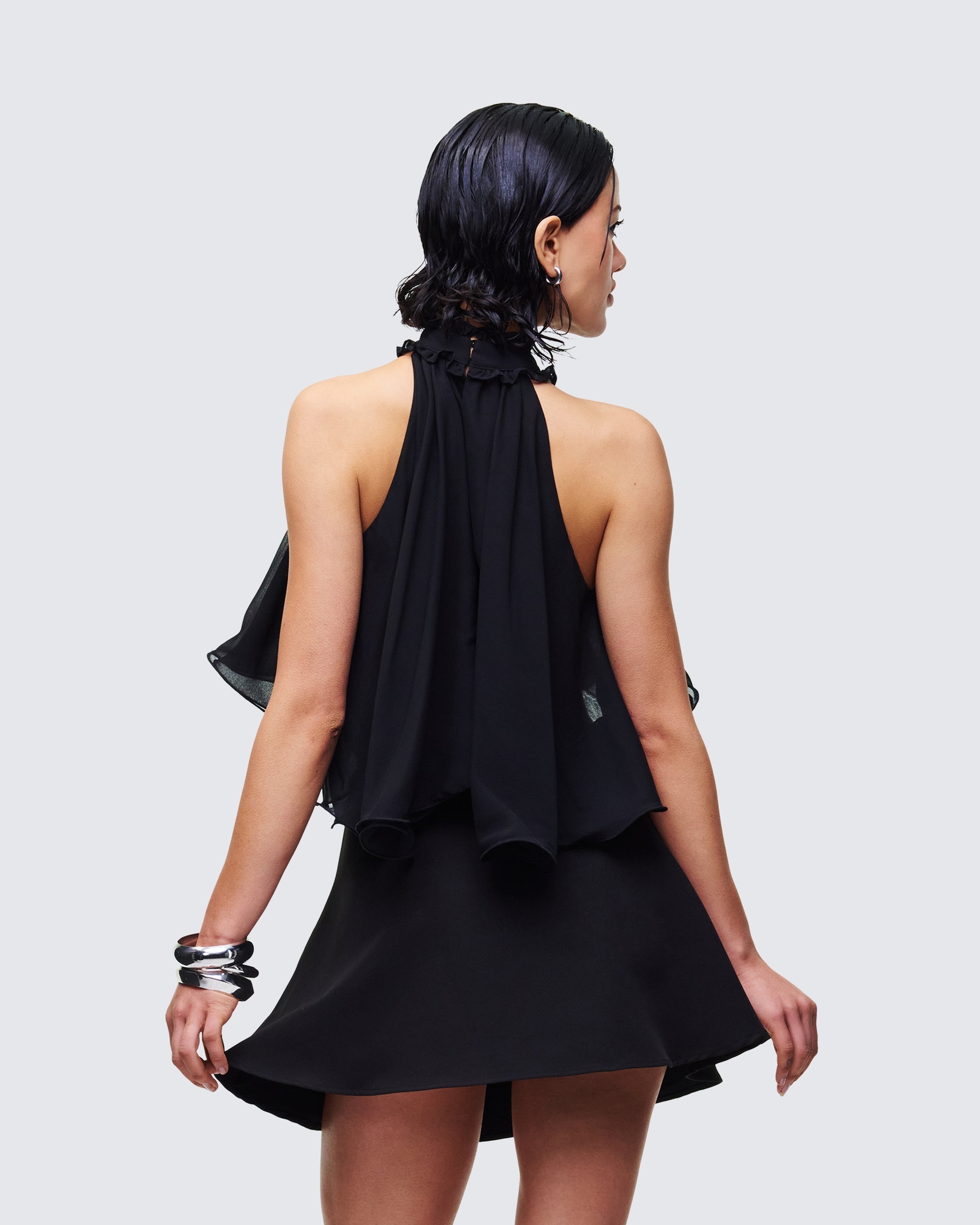 Finesse Melva Black Georgette Ruffle Trim Top
