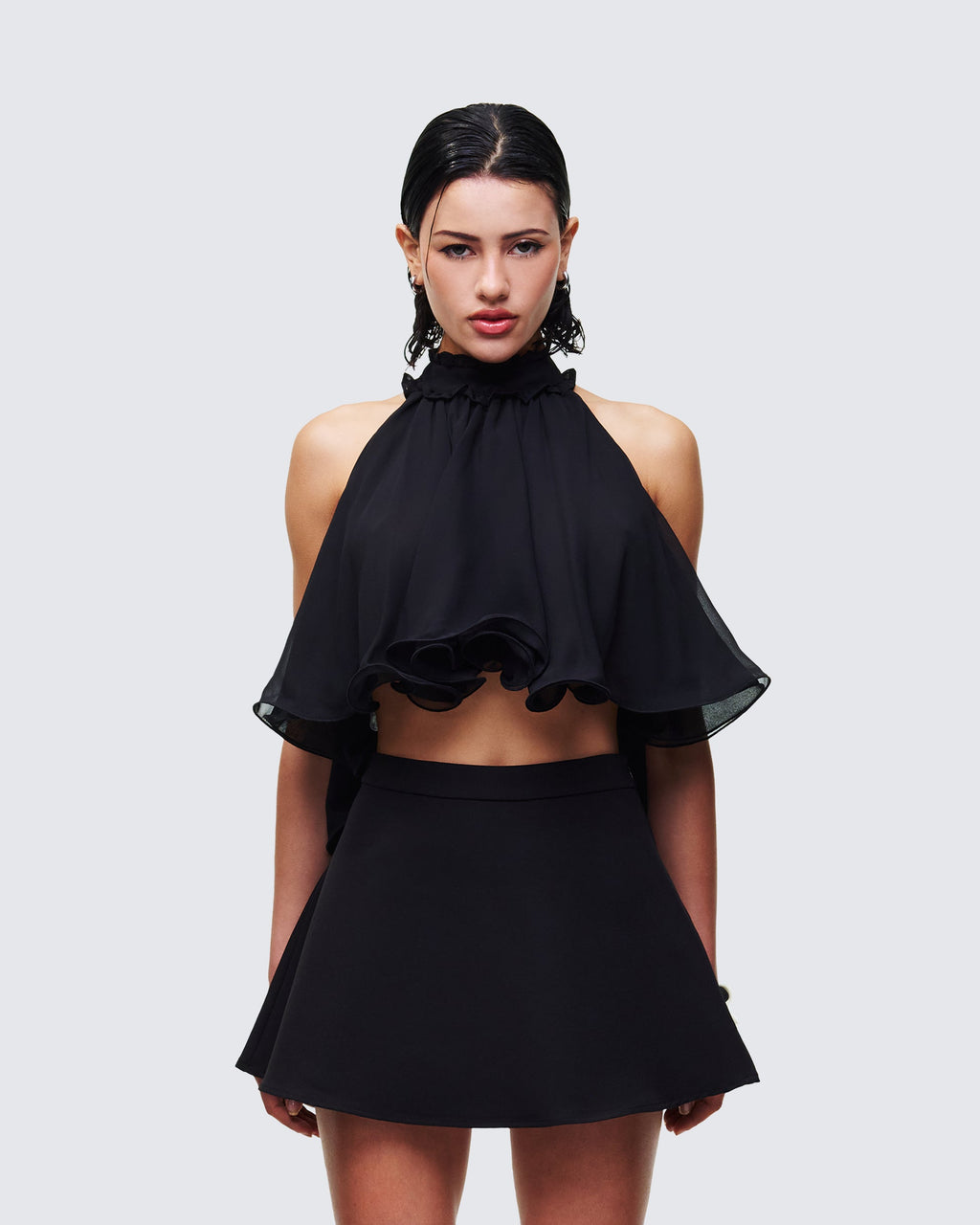 Finesse Melva Black Georgette Ruffle Trim Top