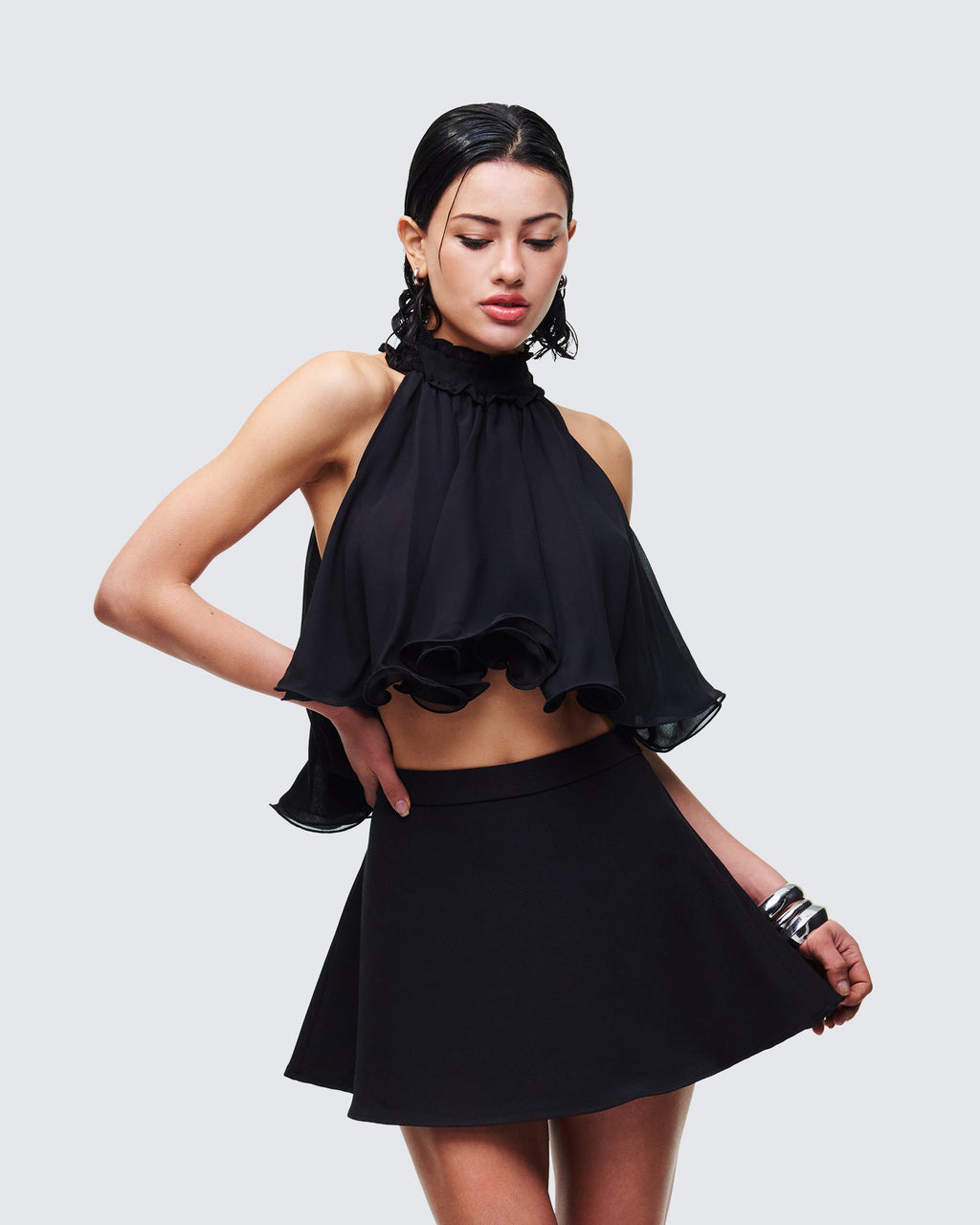 Finesse Melva Black Georgette Ruffle Trim Top