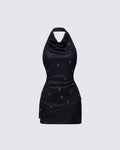 Finesse Mina Black Halter Eyelet Leather Look Dress