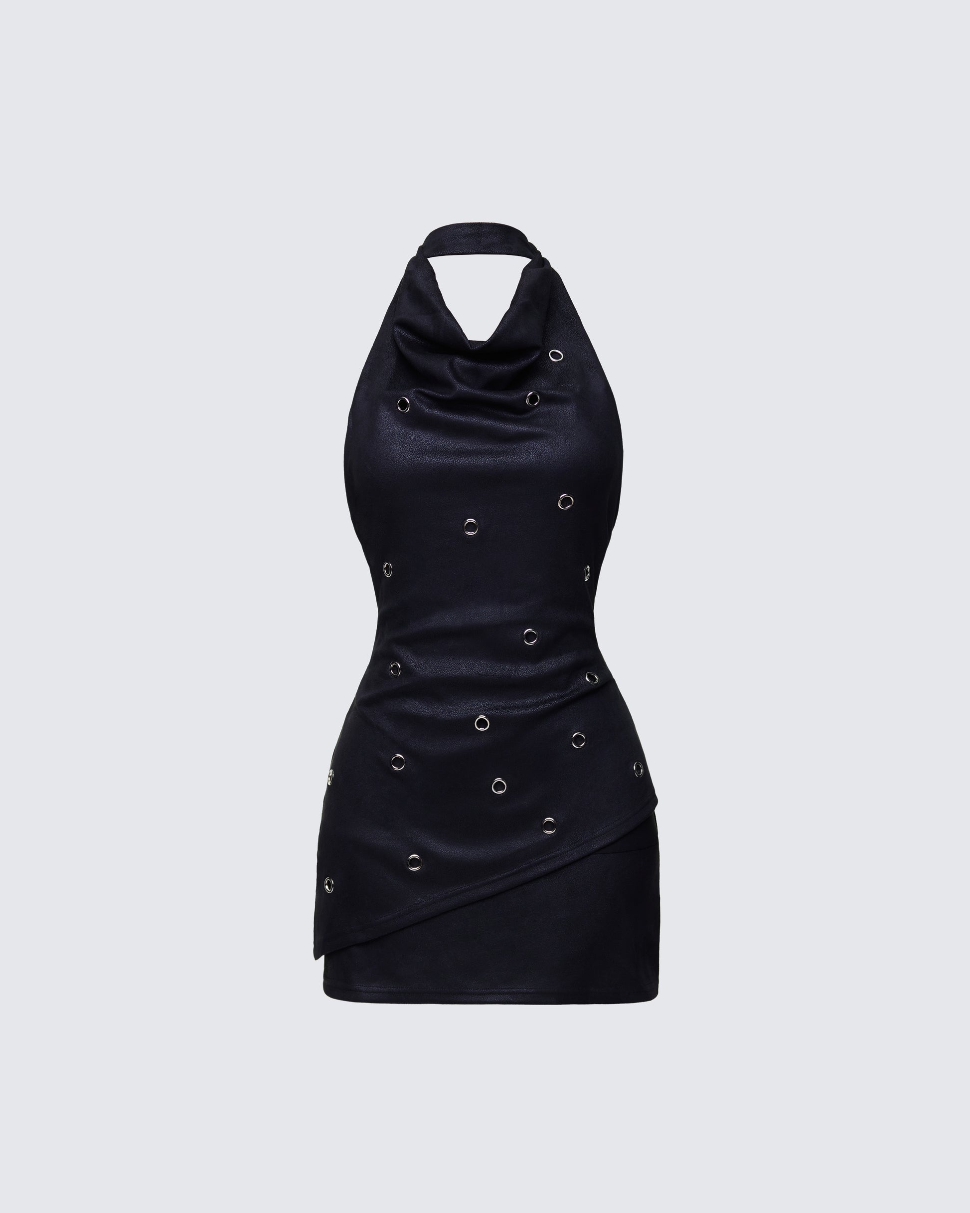 Finesse Mina Black Halter Eyelet Leather Look Dress