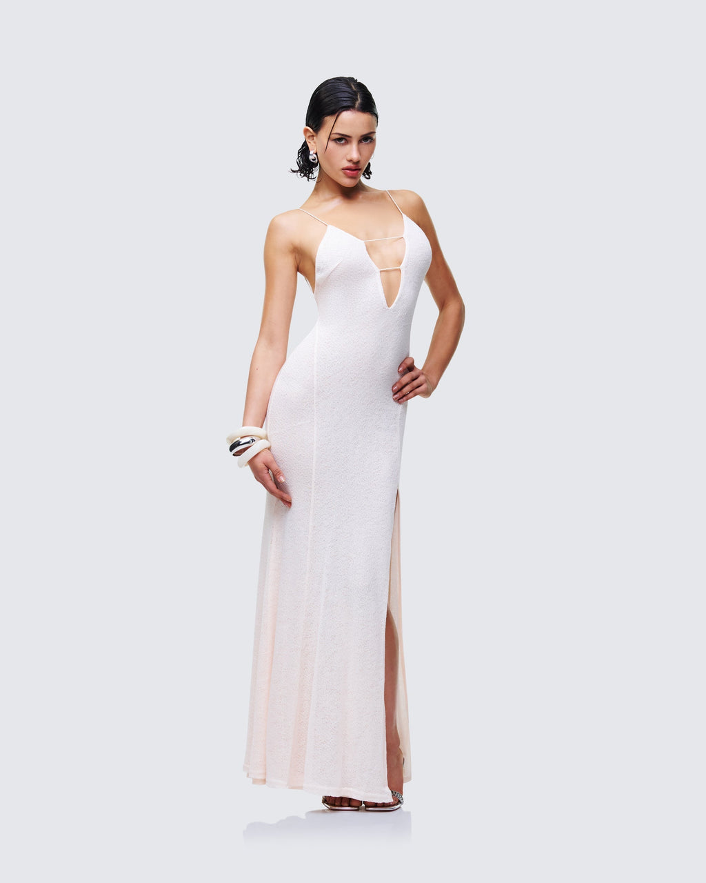 Finesse Mollie Ivory Plunge Neck Maxi Dress